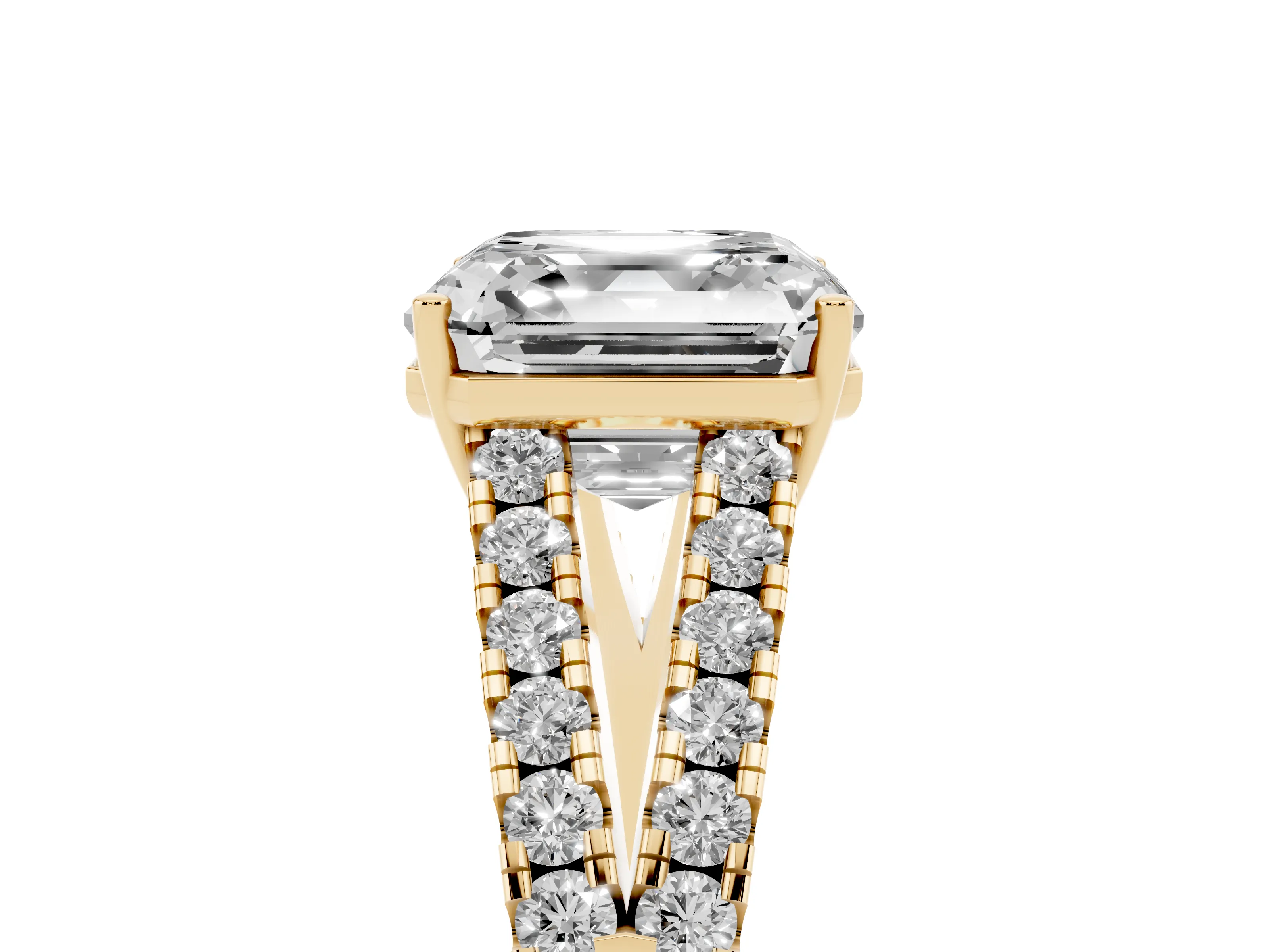 Asscher Cut Diamond Split Shank Engagement Ring Set in Yellow gold with Round Pavé and Prong Setting