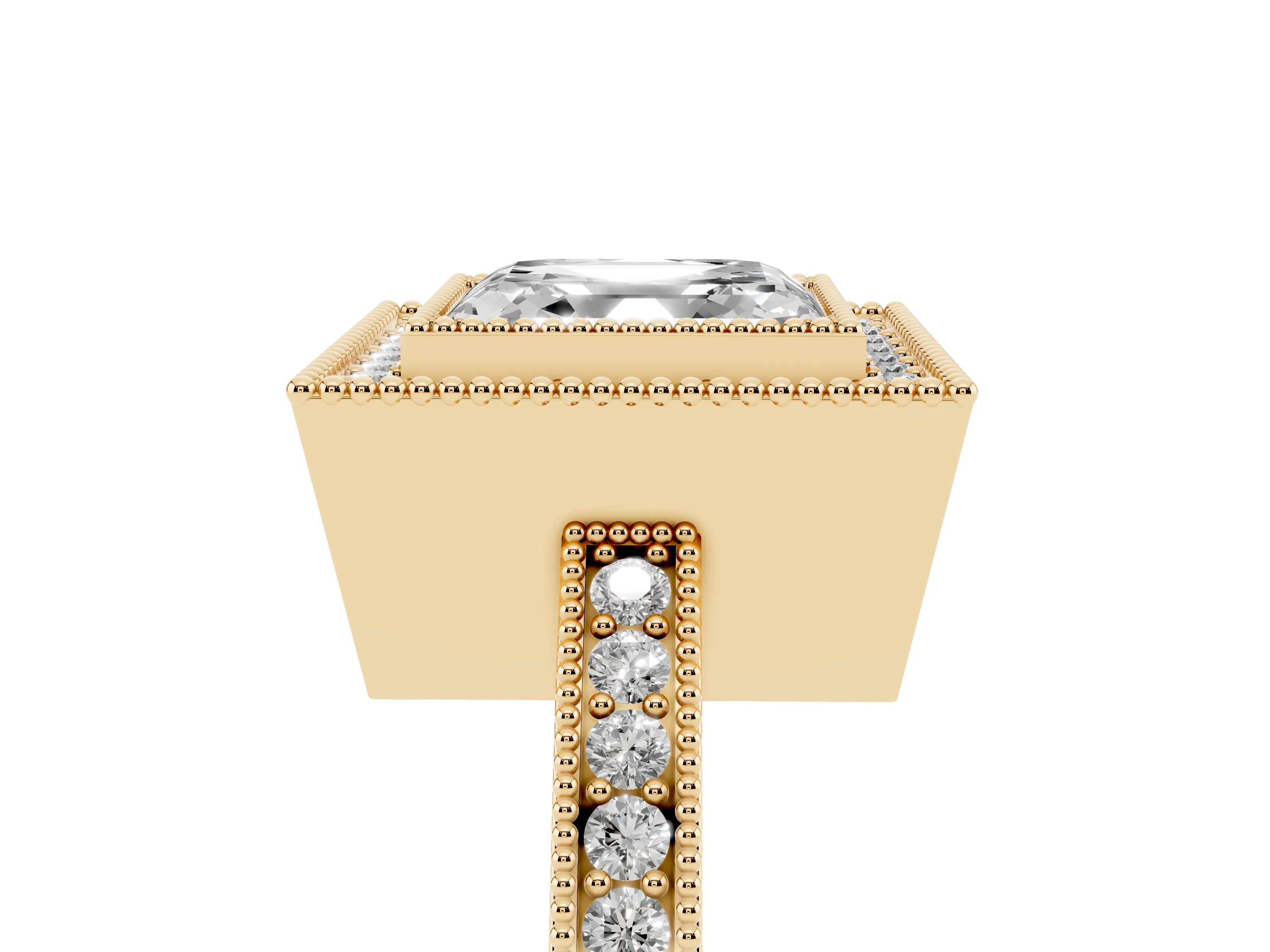 Asscher Cut Diamond Round Halo Ring Set in Yellow gold with Pavé Band