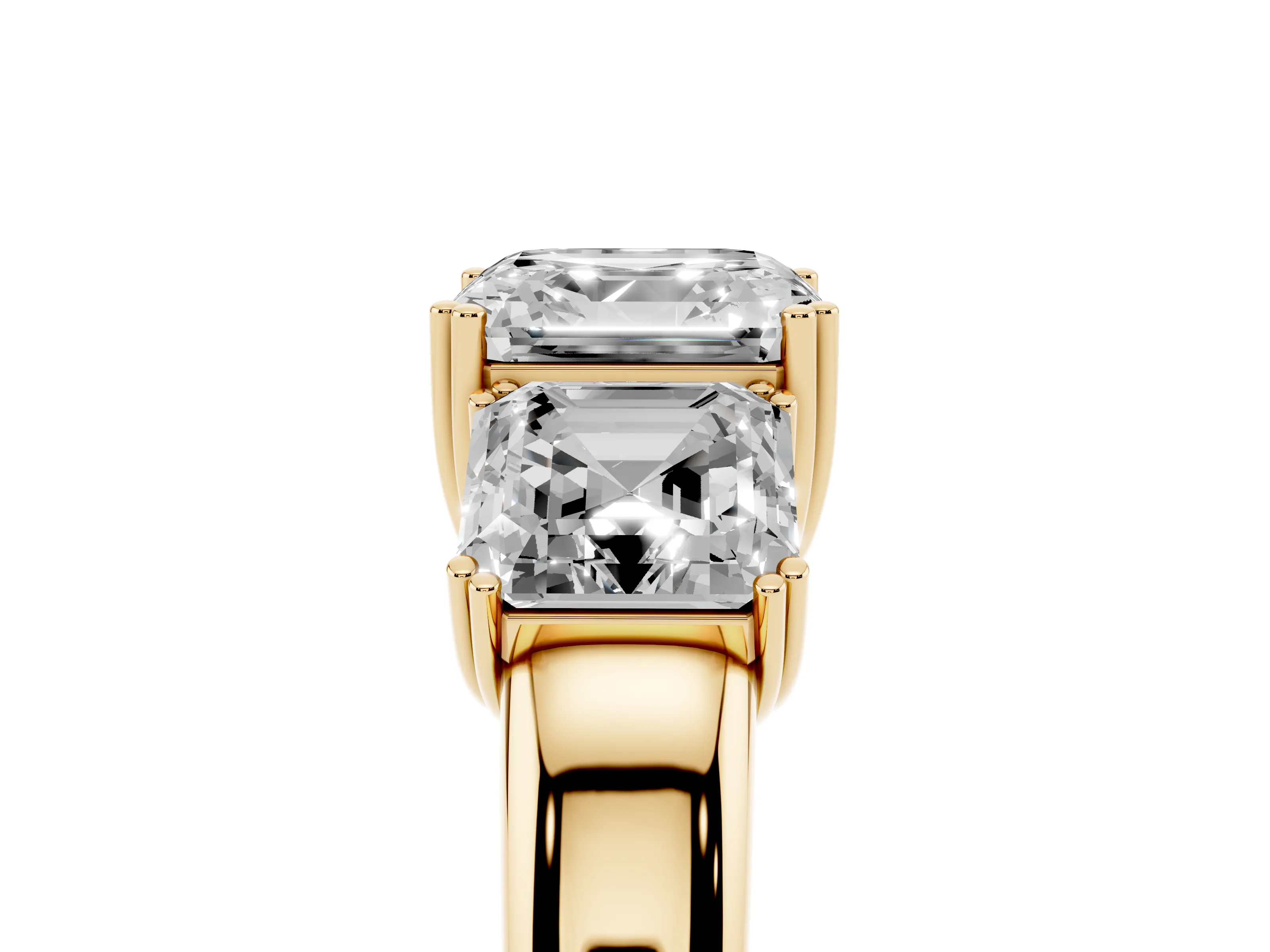 Asscher Cut Diamond Three-Stone Ring Set in Yellow gold with Polished Band and Prong Setting