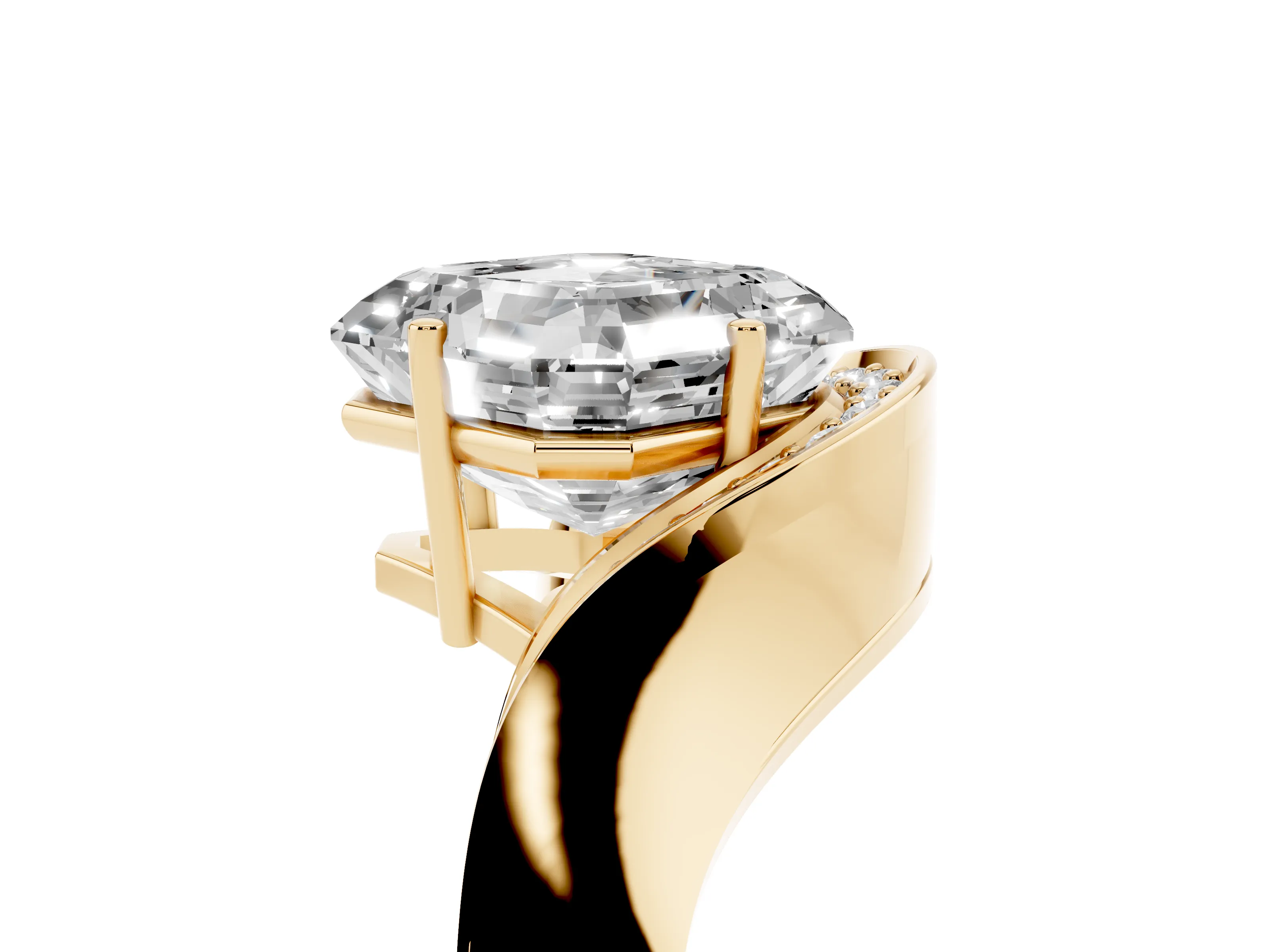 Asscher Cut Diamond Solitaire Engagement Ring Set in Yellow gold with Pavé Shoulders