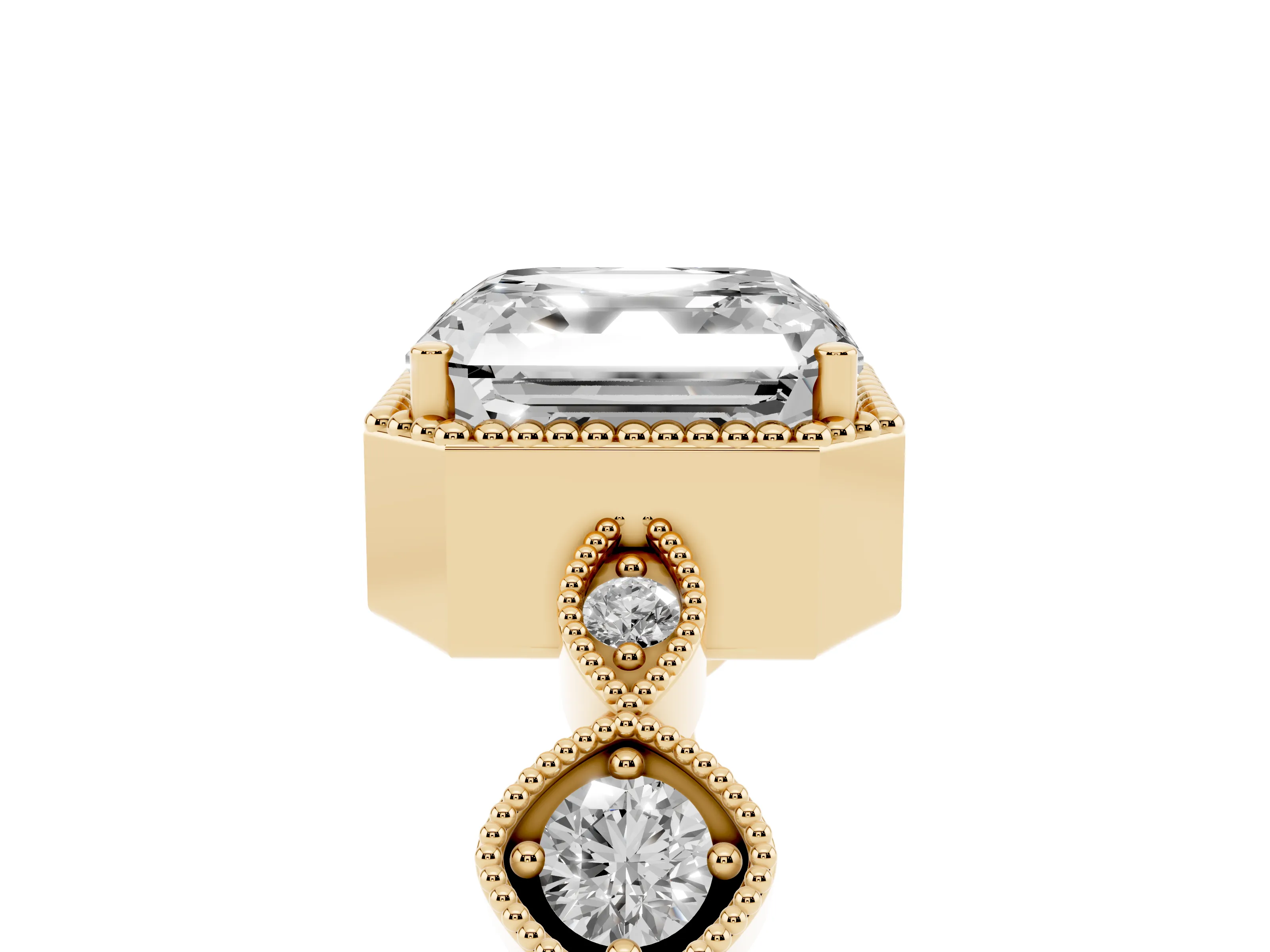 Asscher Cut Diamond Vintage-Inspired Milgrain Ring Set in Yellow gold with Marquise Stations of Round Accents