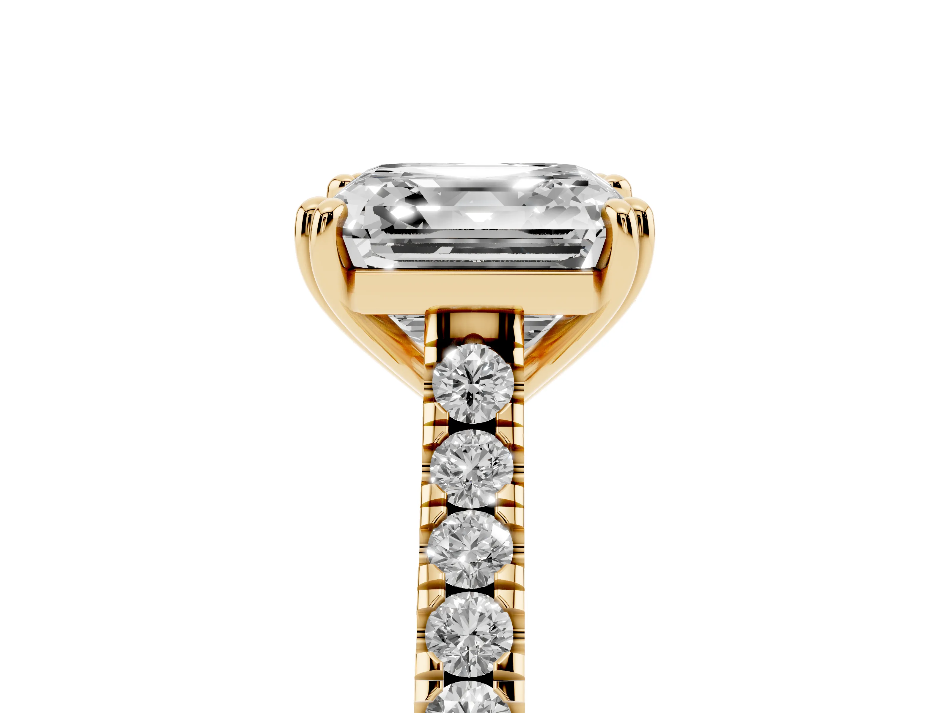Asscher Cut Diamond Solitaire Engagement Ring Set in Yellow gold with Pavé Accents and Prong Setting