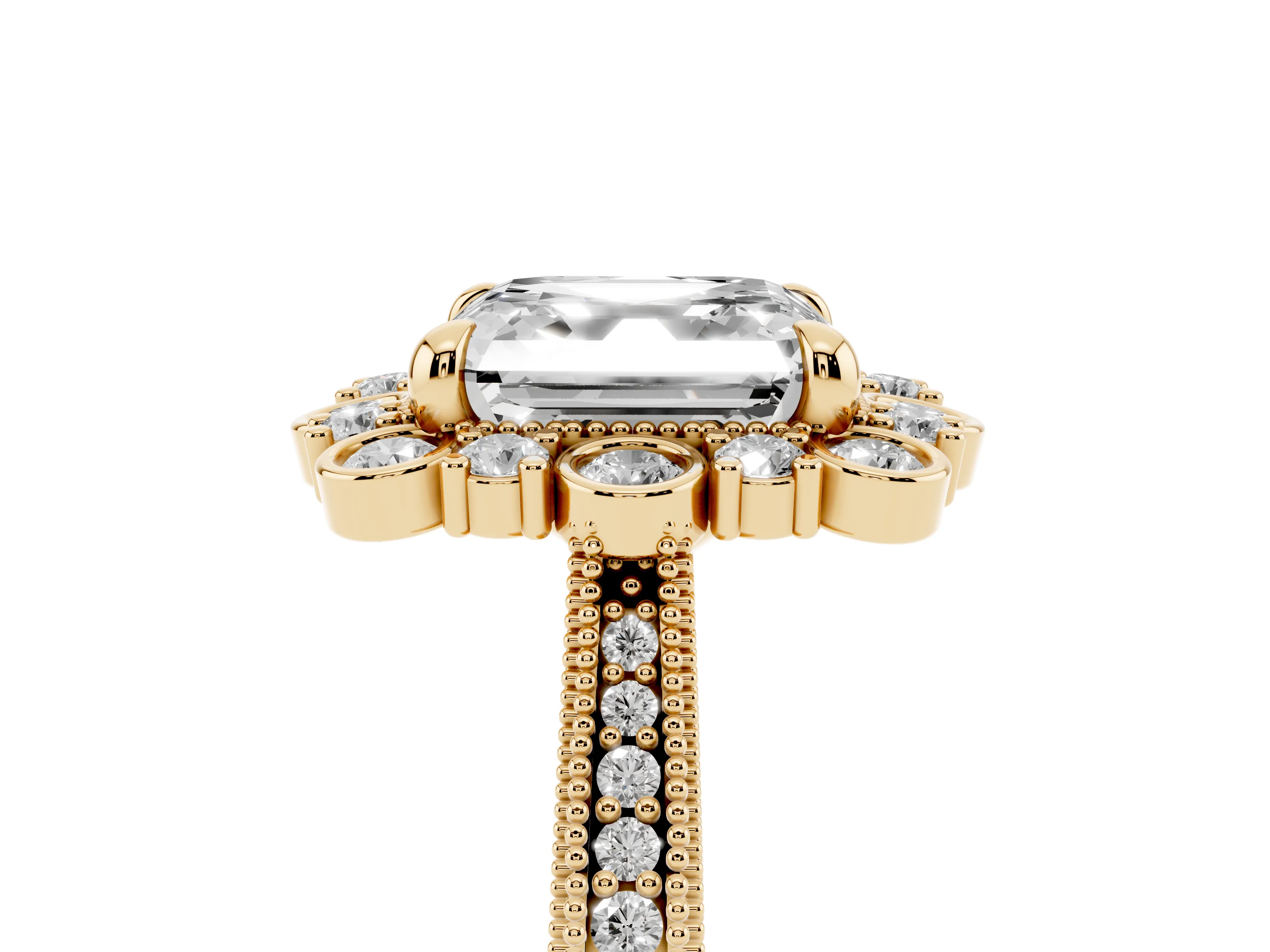 Asscher Cut Diamond Halo Milgrain Pavé Ring Set in Yellow gold with Prong Setting