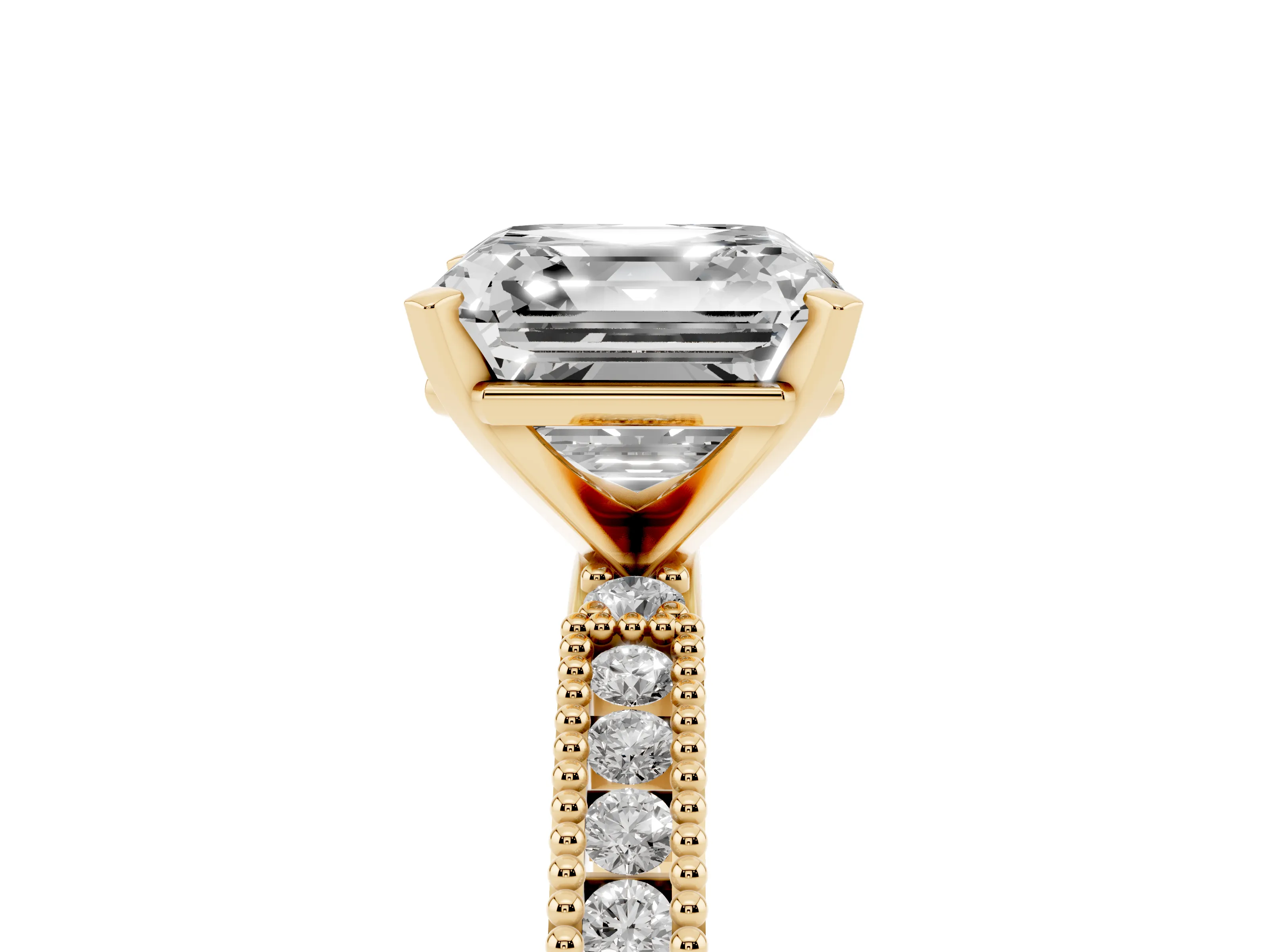 Asscher Cut Diamond Solitaire Ring Set in Yellow gold with Slim Pavé Band and Prong Setting