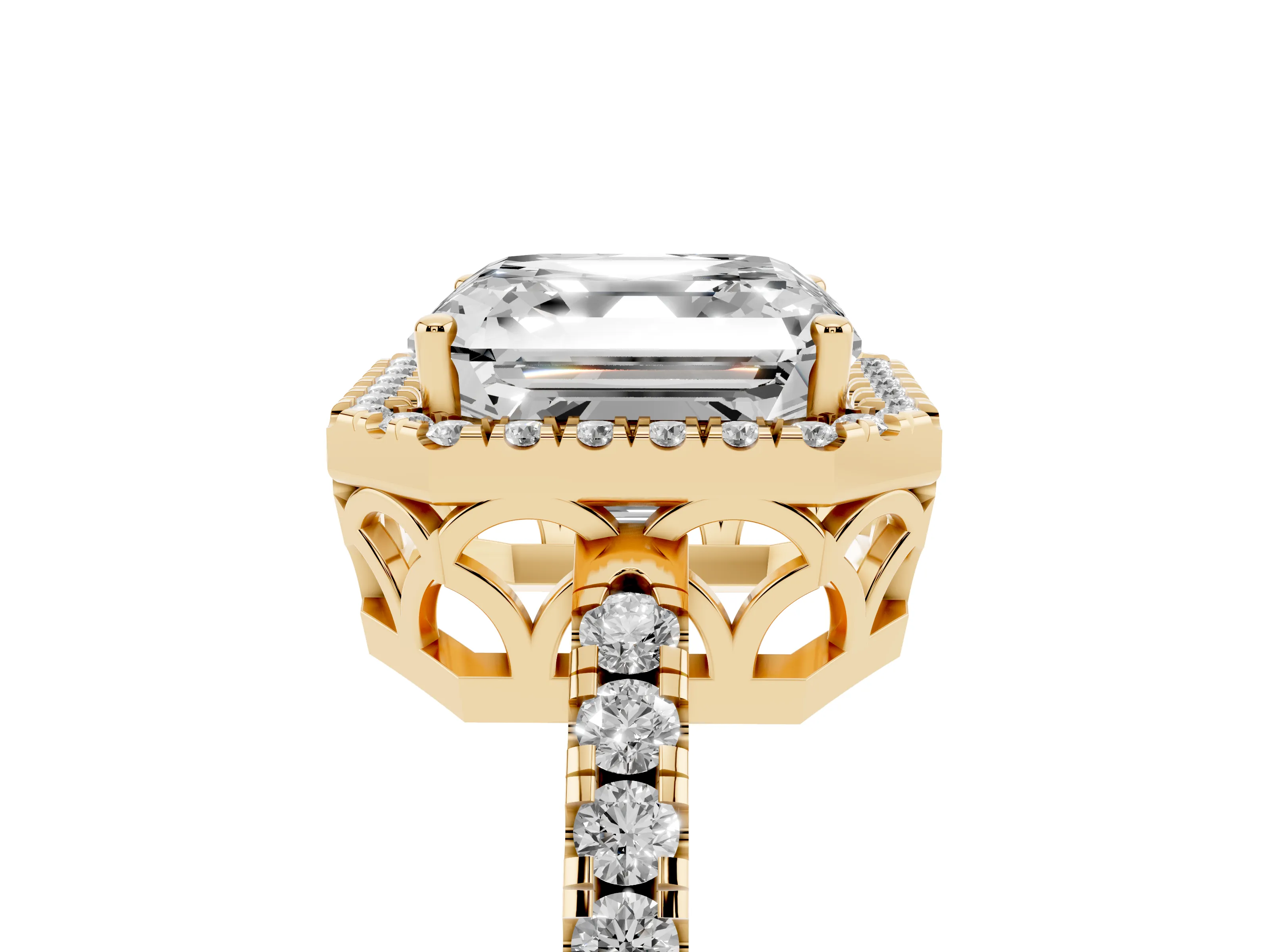 Asscher Cut Diamond Pavé Band Halo Engagement Ring Set in Yellow gold with Prong Setting