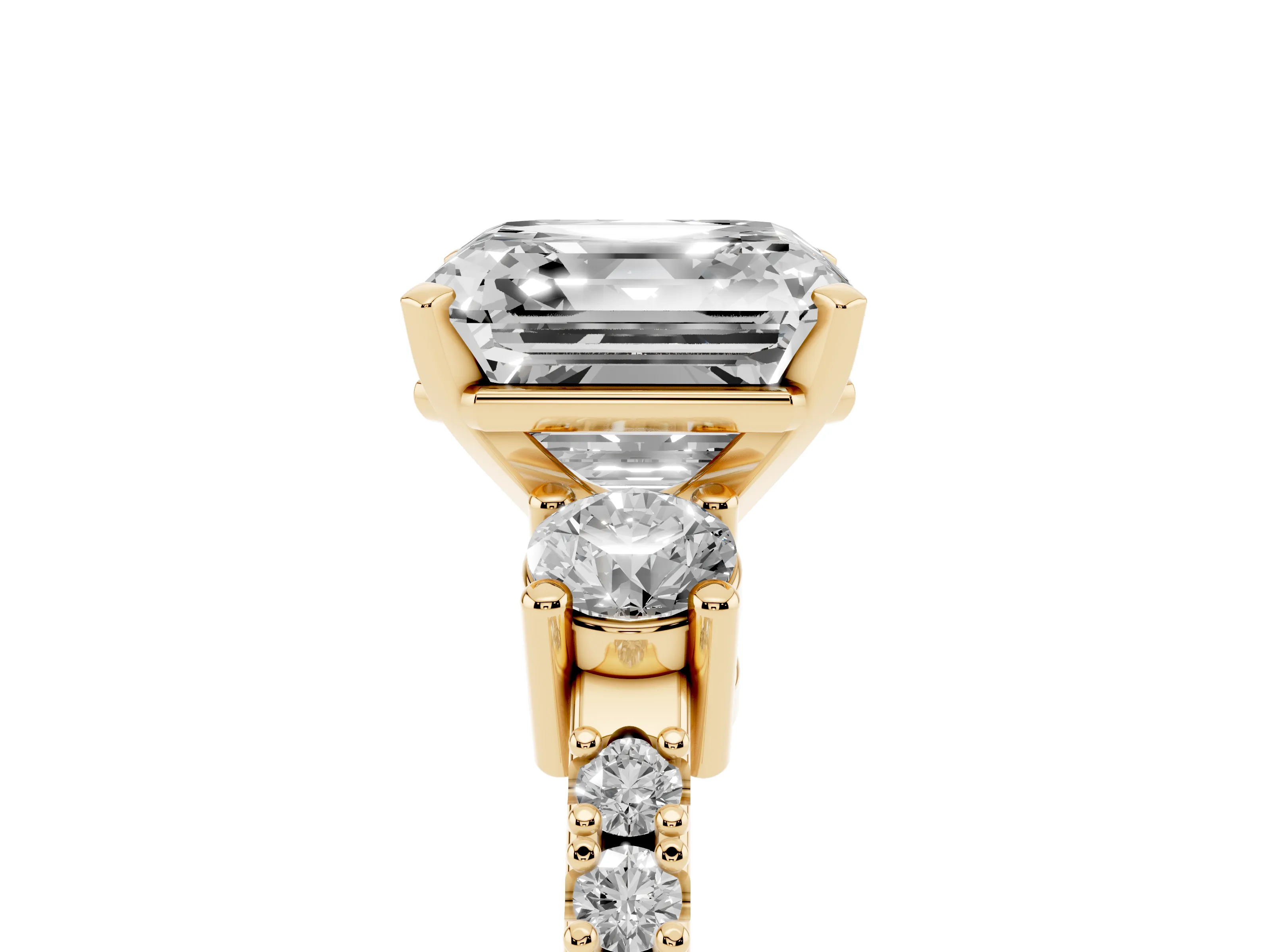 Three-Stone Asscher Cut Diamond Pavé Band Ring Set in Yellow gold with Prong Setting
