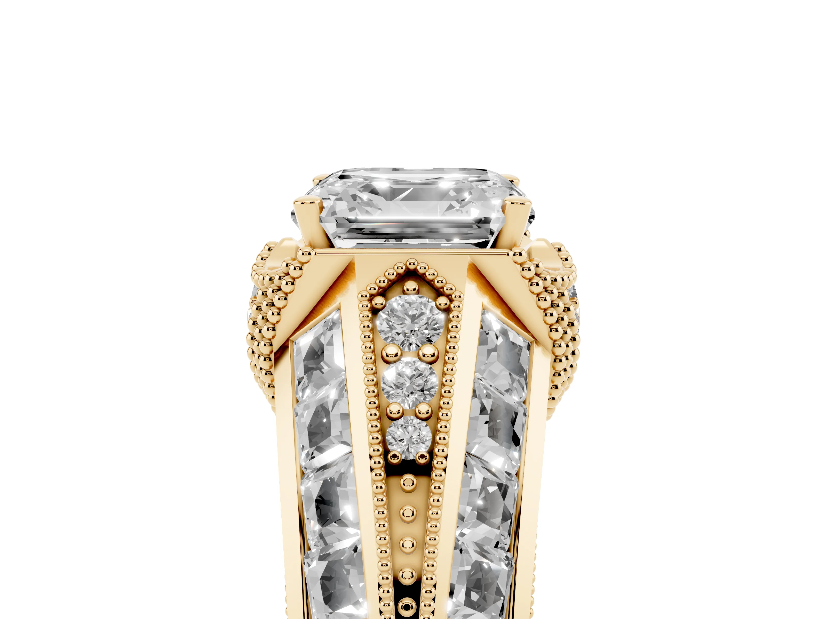 Asscher Cut Diamond Vintage-Inspired Milgrain Ring Set in Yellow gold with Accent Split Shank