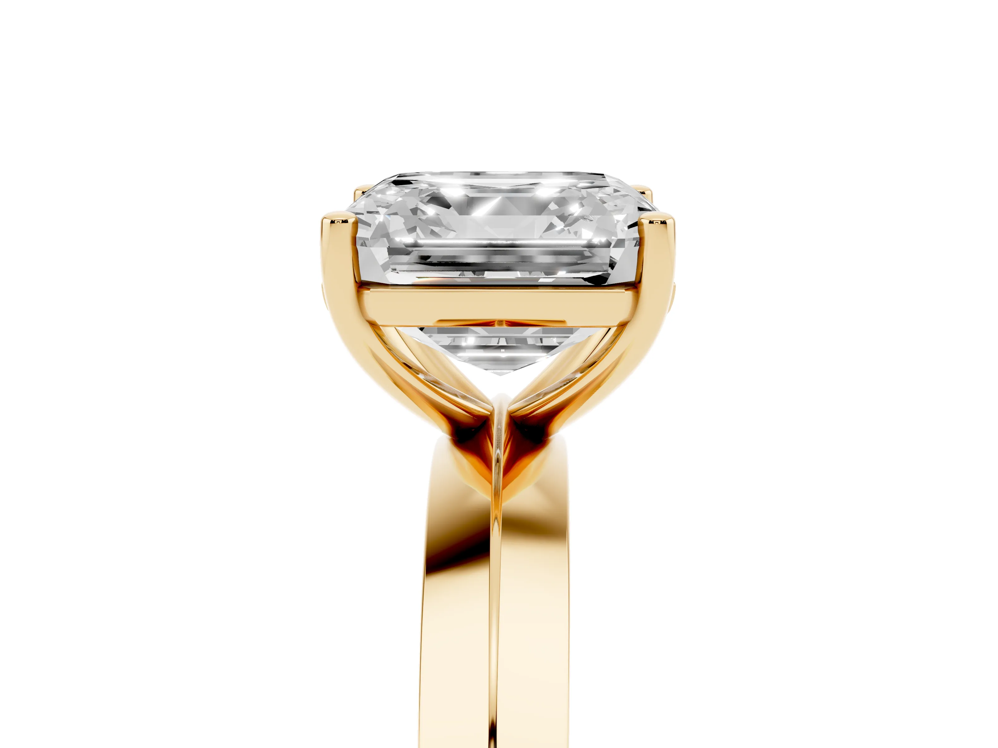 Asscher Cut Diamond Solitaire Engagement Ring Set in Yellow gold with Flat Band and Prong Setting