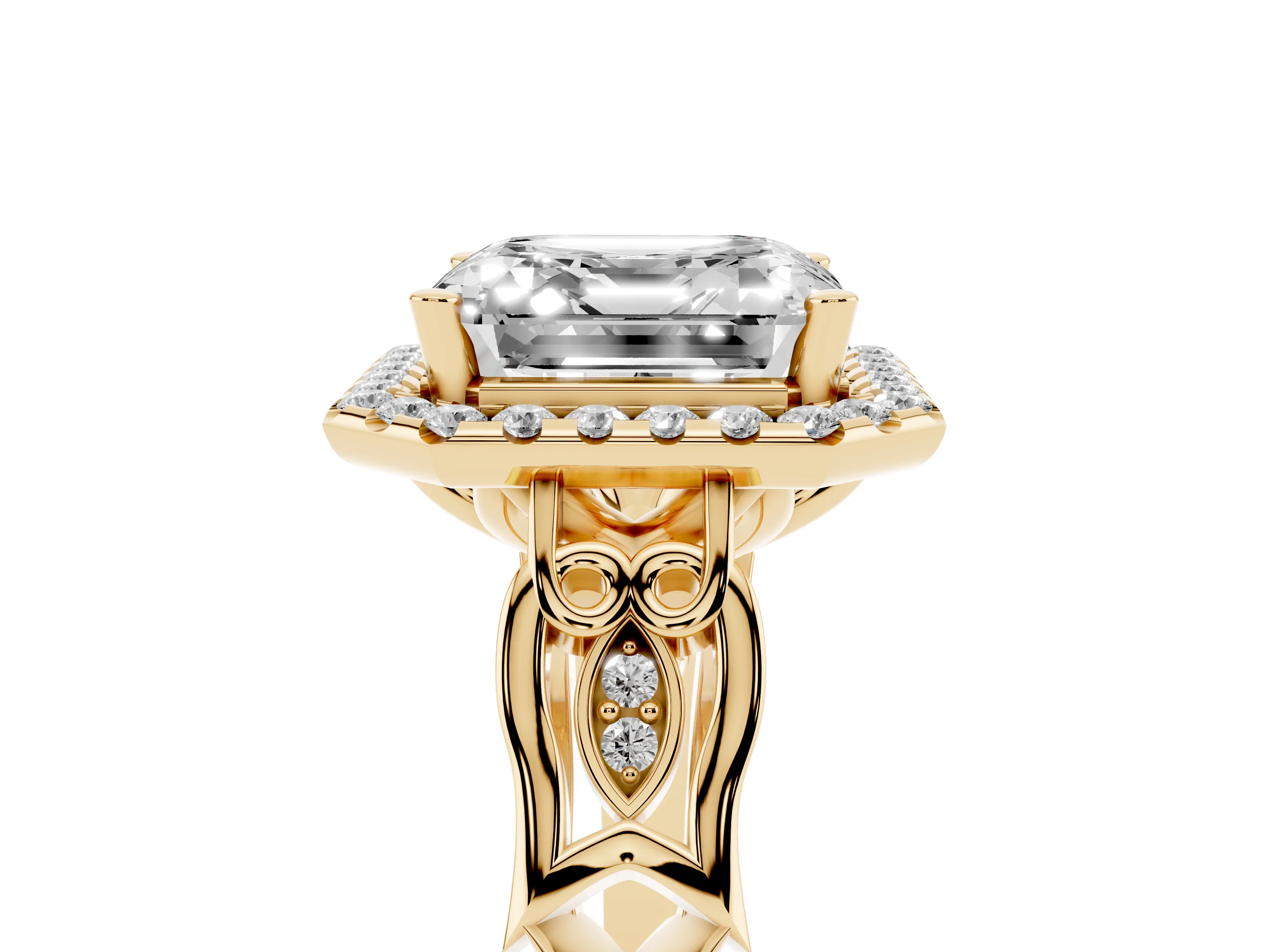 Asscher Cut Diamond Halo Engagement Ring Set in Yellow gold with Filigree Band and Prong-Set Center