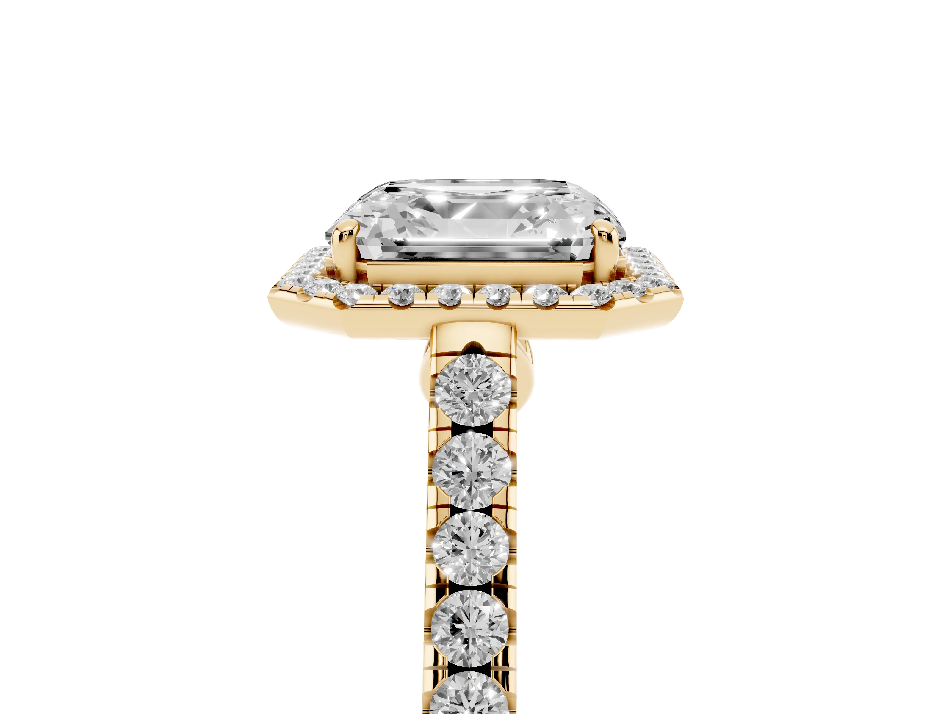 Asscher Cut Diamond Halo Pavé Engagement Ring Set in Yellow gold with Prong Setting