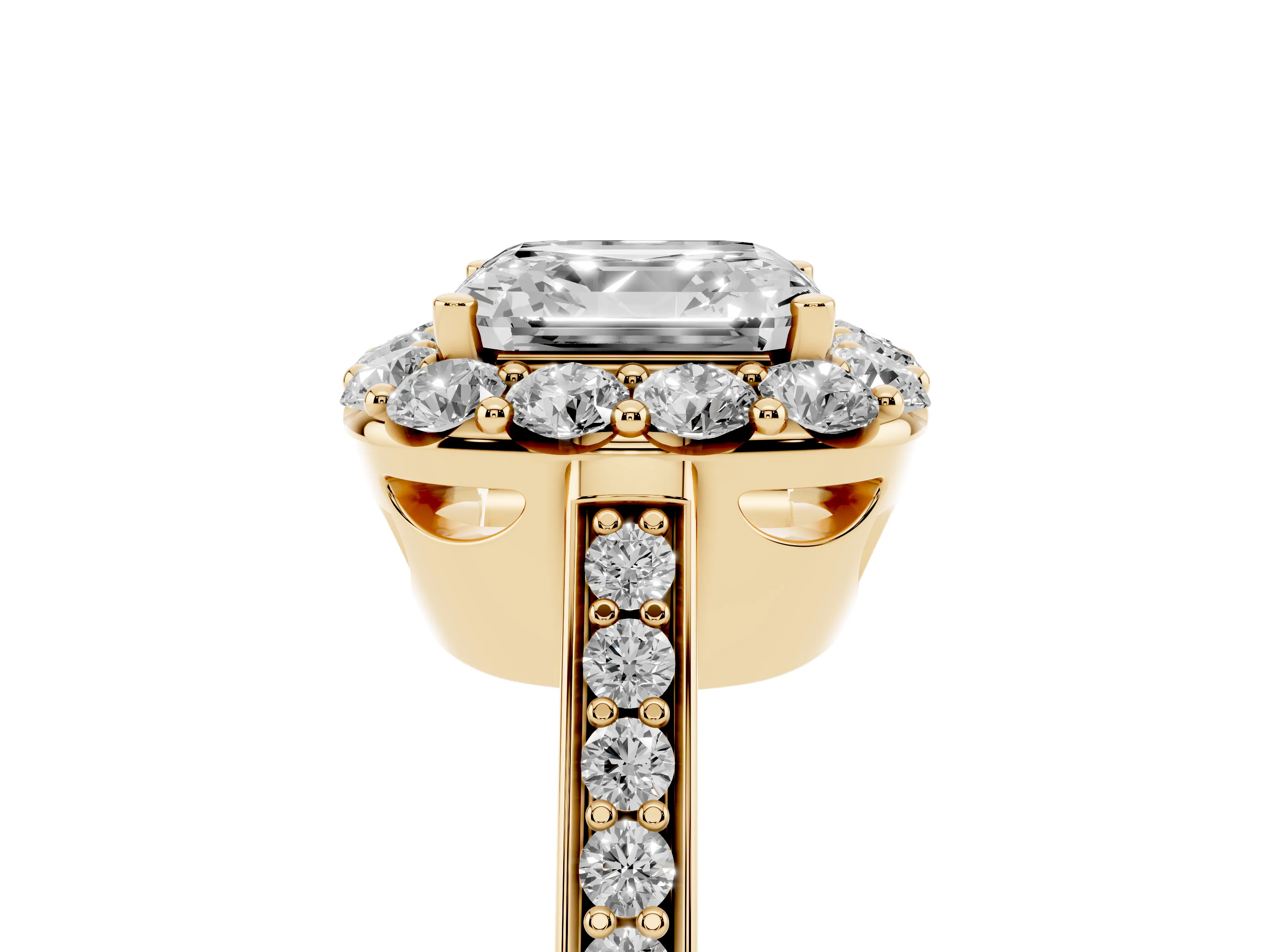 Asscher Cut Diamond Floral Halo Ring Set in Yellow gold with Pavé Band and Prong Setting