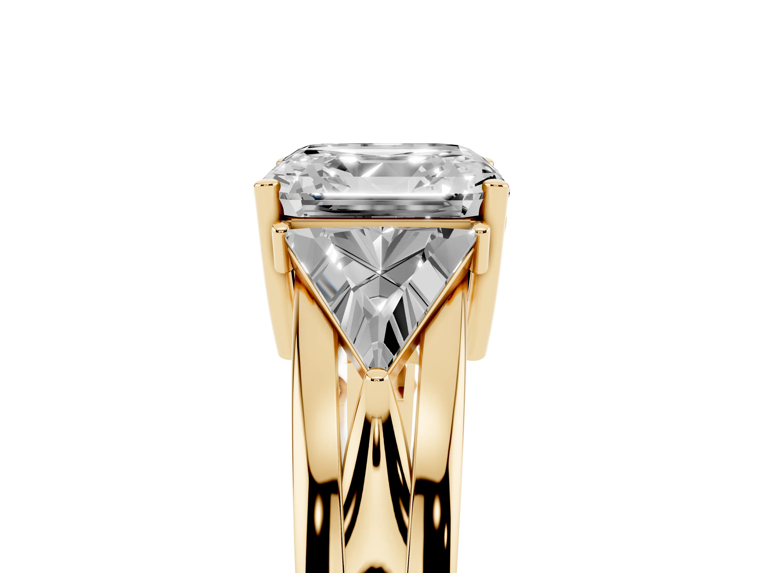 Asscher Cut Diamond Three-Stone Ring Set in Yellow gold with Trillion Side Stones and Split Shank