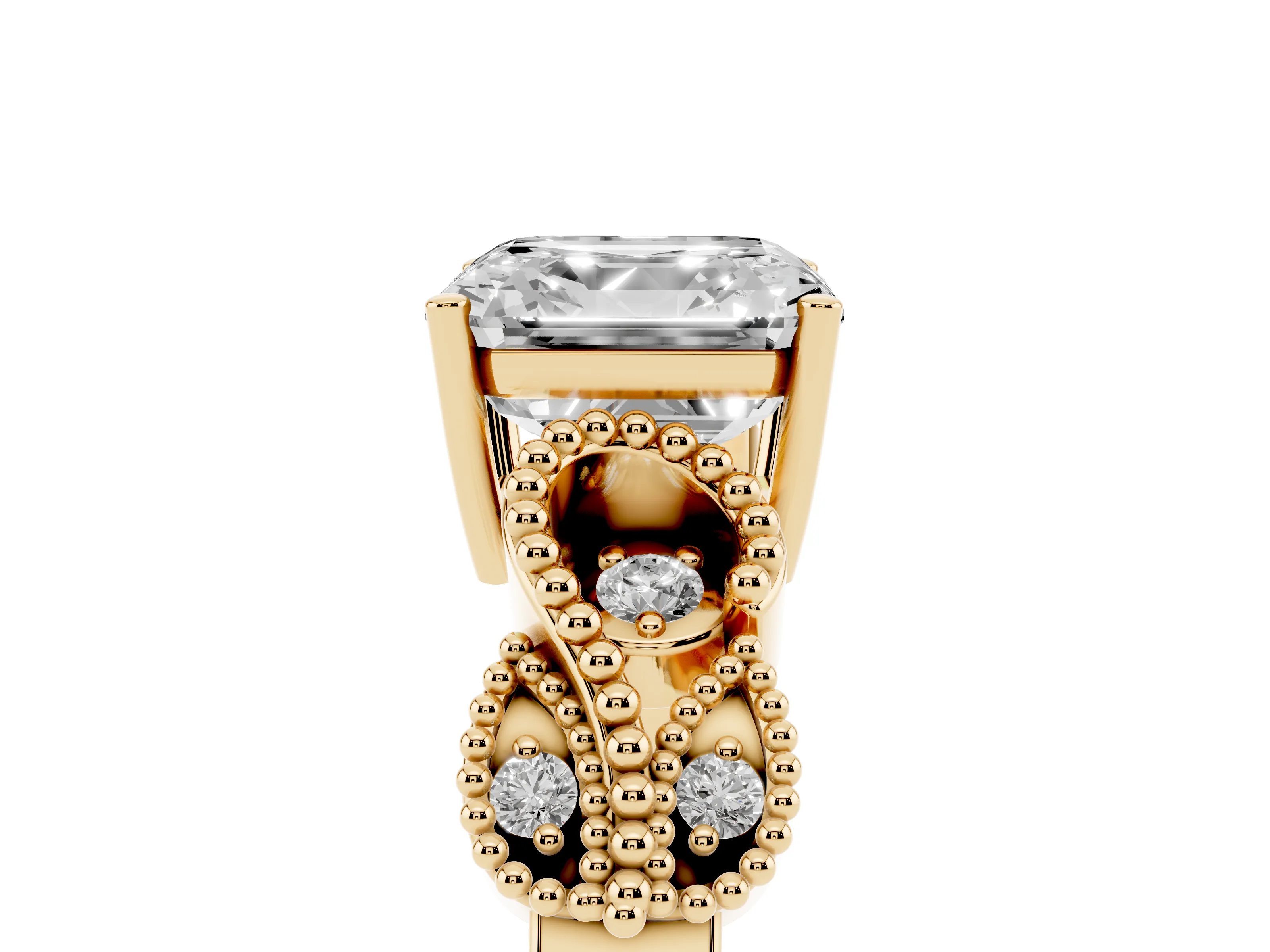 Asscher Cut Diamond Milgrain Leaf Band Solitaire Ring Set in Yellow gold with Accent Stones and Prong Setting