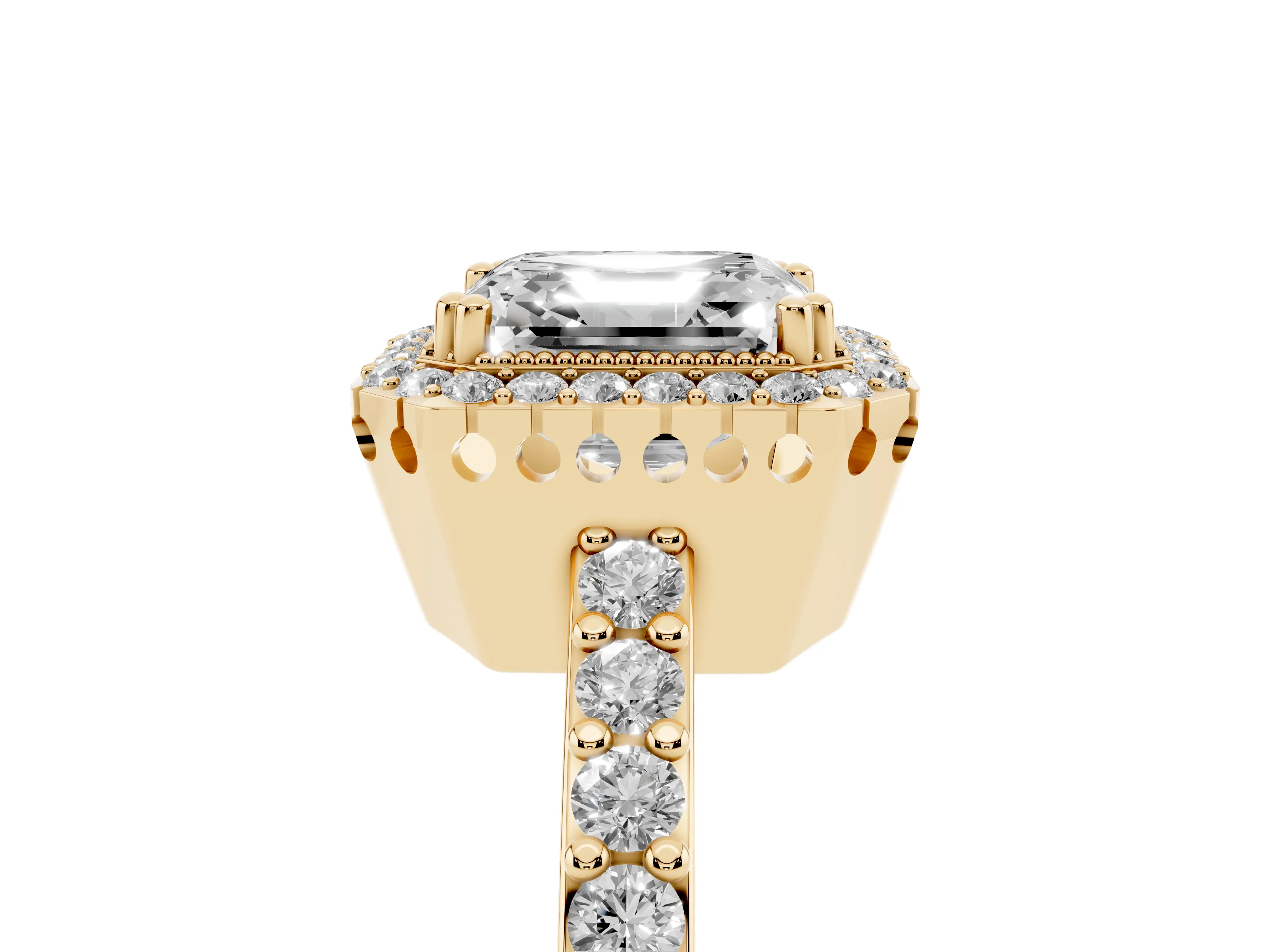 Asscher Cut Diamond Halo Engagement Ring Set in Yellow gold with Milgrain Detail and Pavé Band
