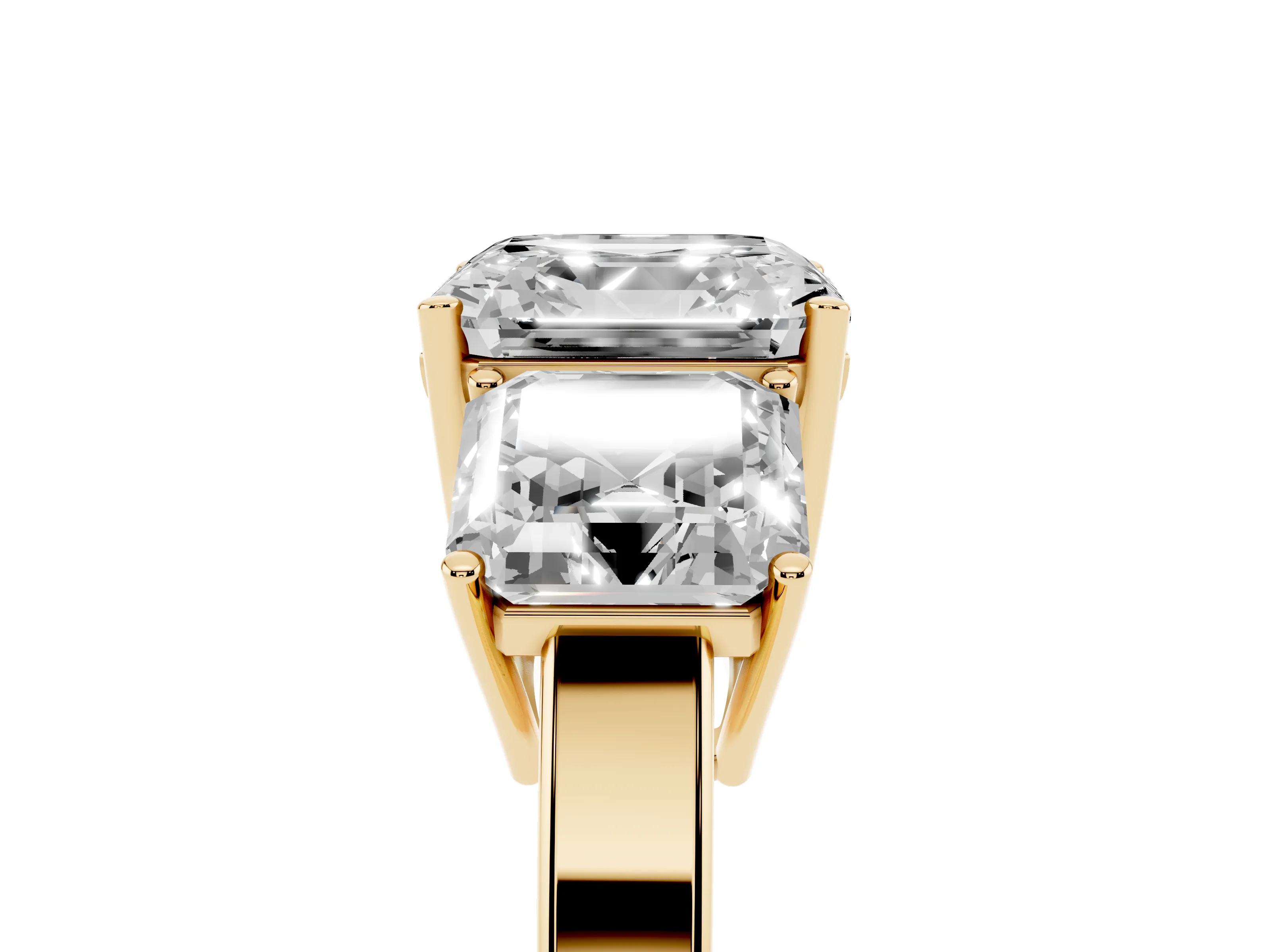 Asscher Cut Diamond Three-Stone Engagement Ring Set in Yellow gold with Flat Band