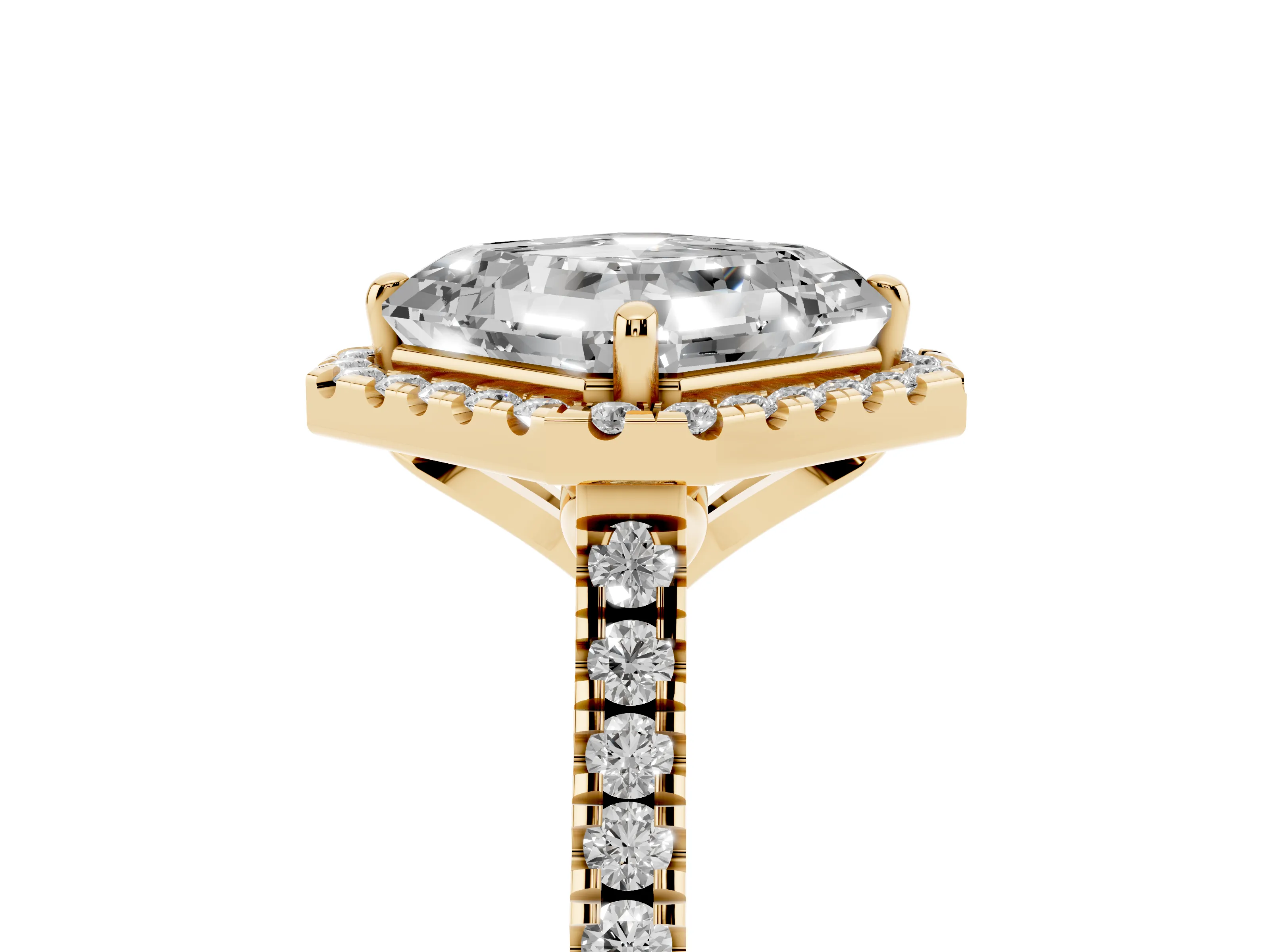 Asscher Cut Diamond Cushion Halo Ring Set in Yellow gold with Pavé Band
