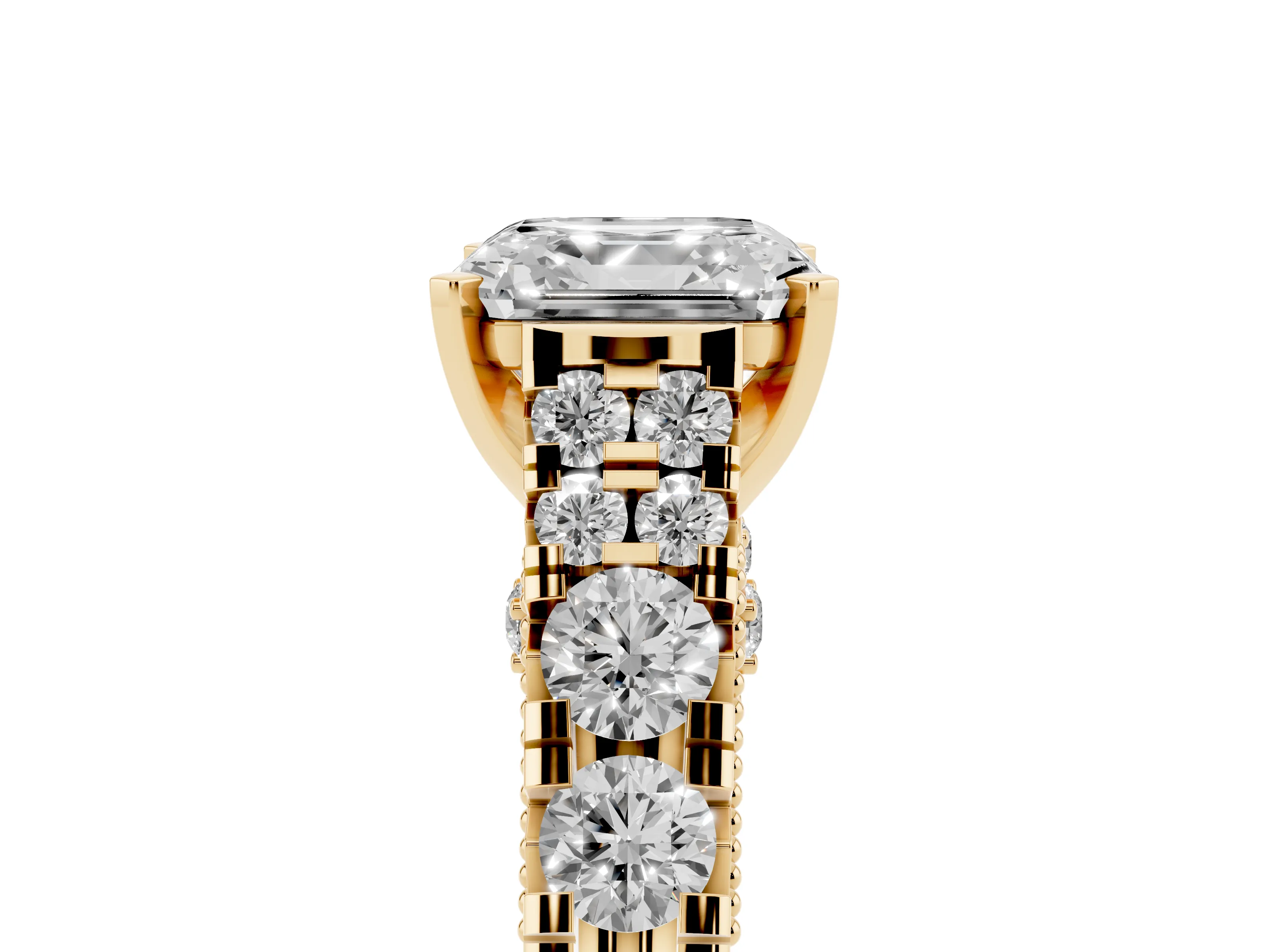 Asscher Cut Diamond Classic Solitaire Ring Set in Yellow gold with Pavé Band and Prong Setting