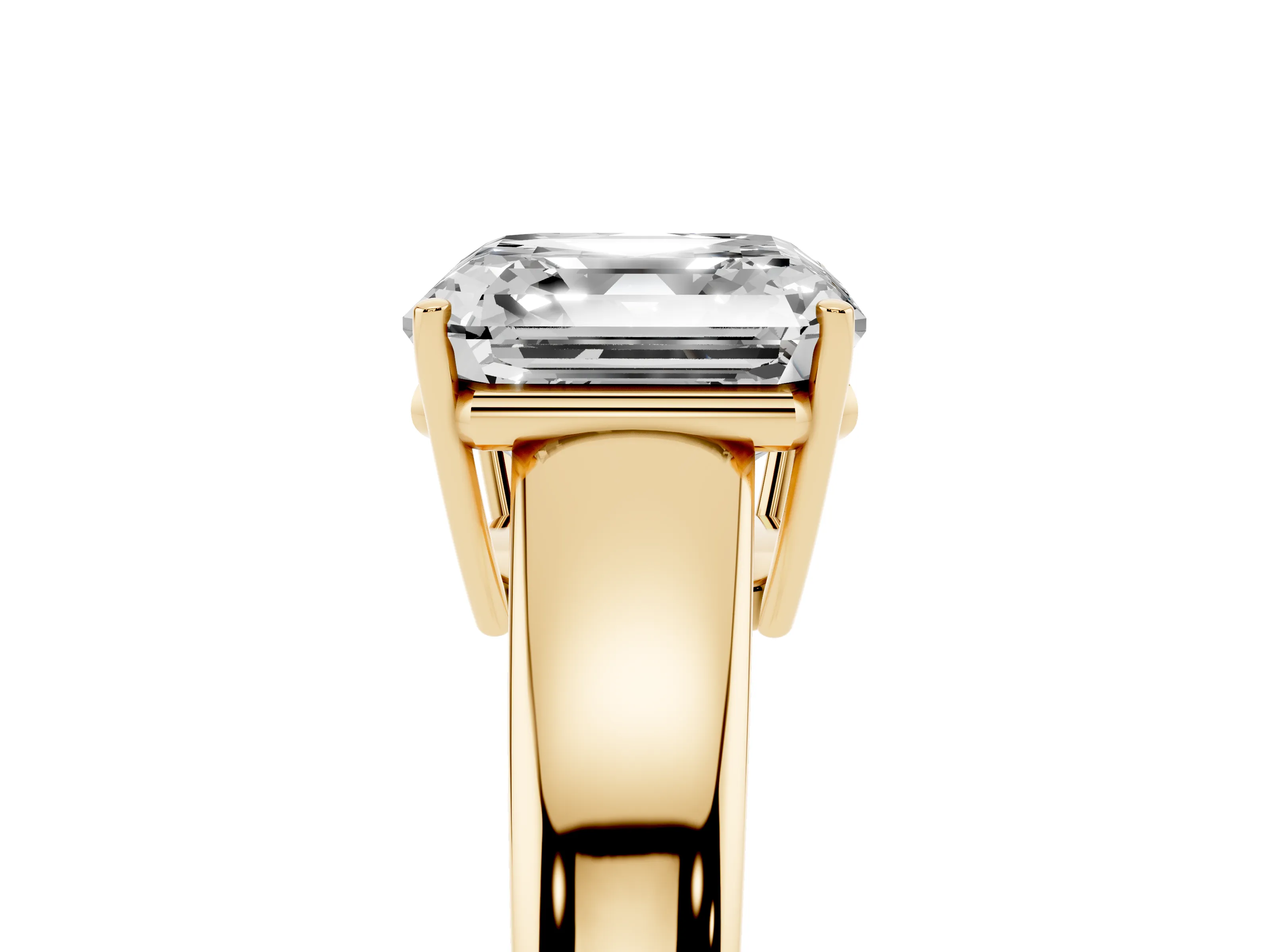 Asscher Cut Diamond Solitaire Ring Set in Yellow gold with Tapered Band and Prong Setting