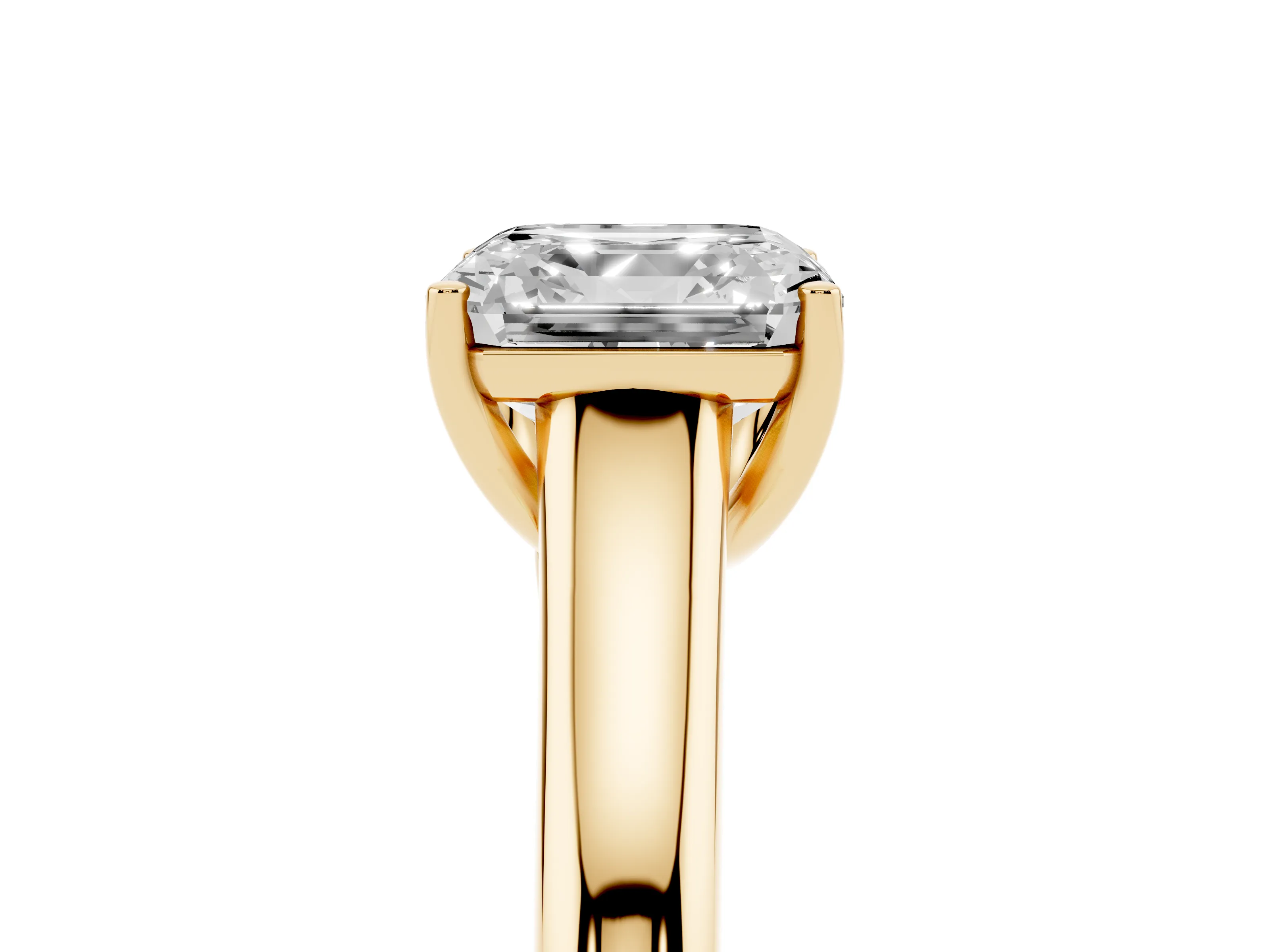 Asscher Cut Diamond Solitaire Engagement Ring Set in Yellow gold with Subtly Tapered Band and Prong Setting