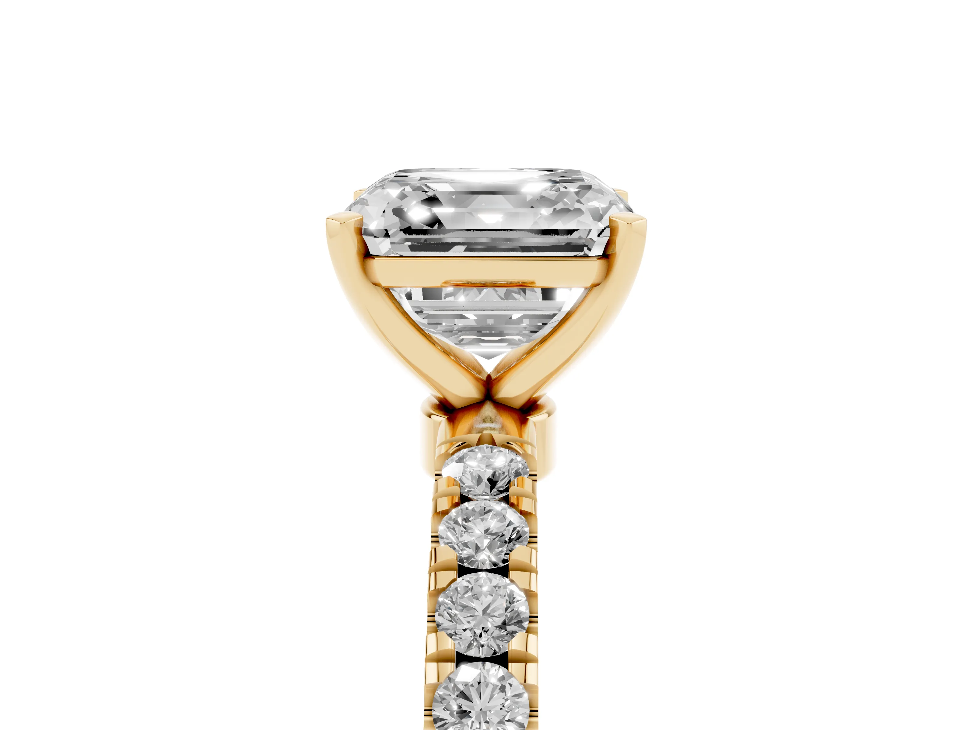 Asscher Cut Diamond Solitaire Ring Set in Yellow gold with Pavé Accents and Prong Setting