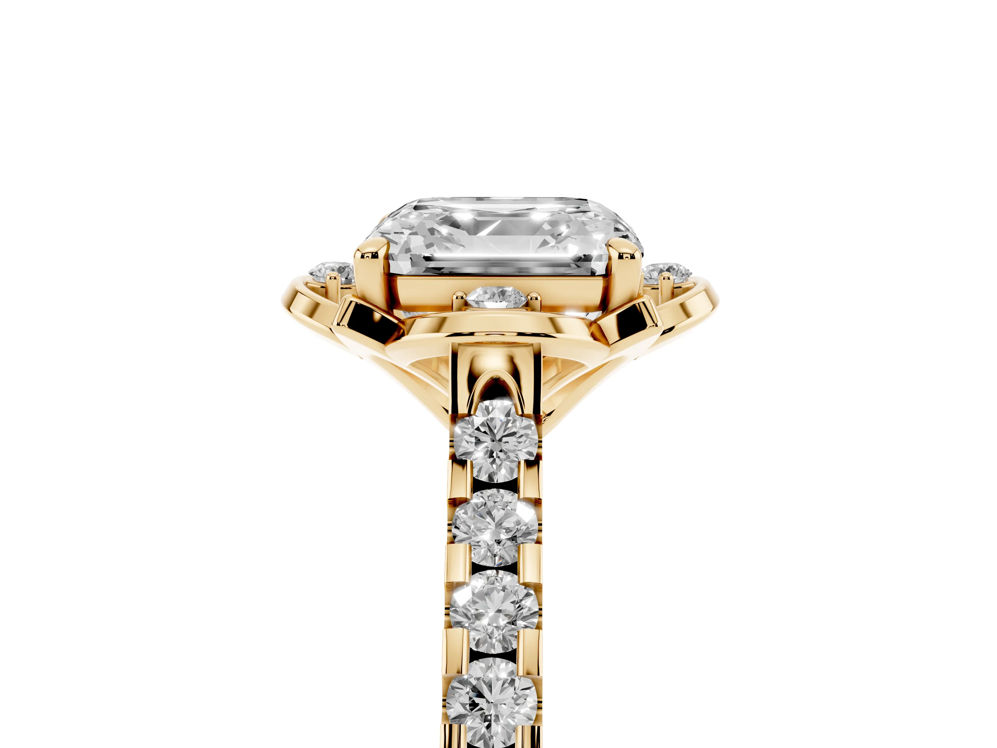 Asscher Cut Diamond Solitaire Ring Set in Yellow gold with Pavé Band and Floral Prong Setting
