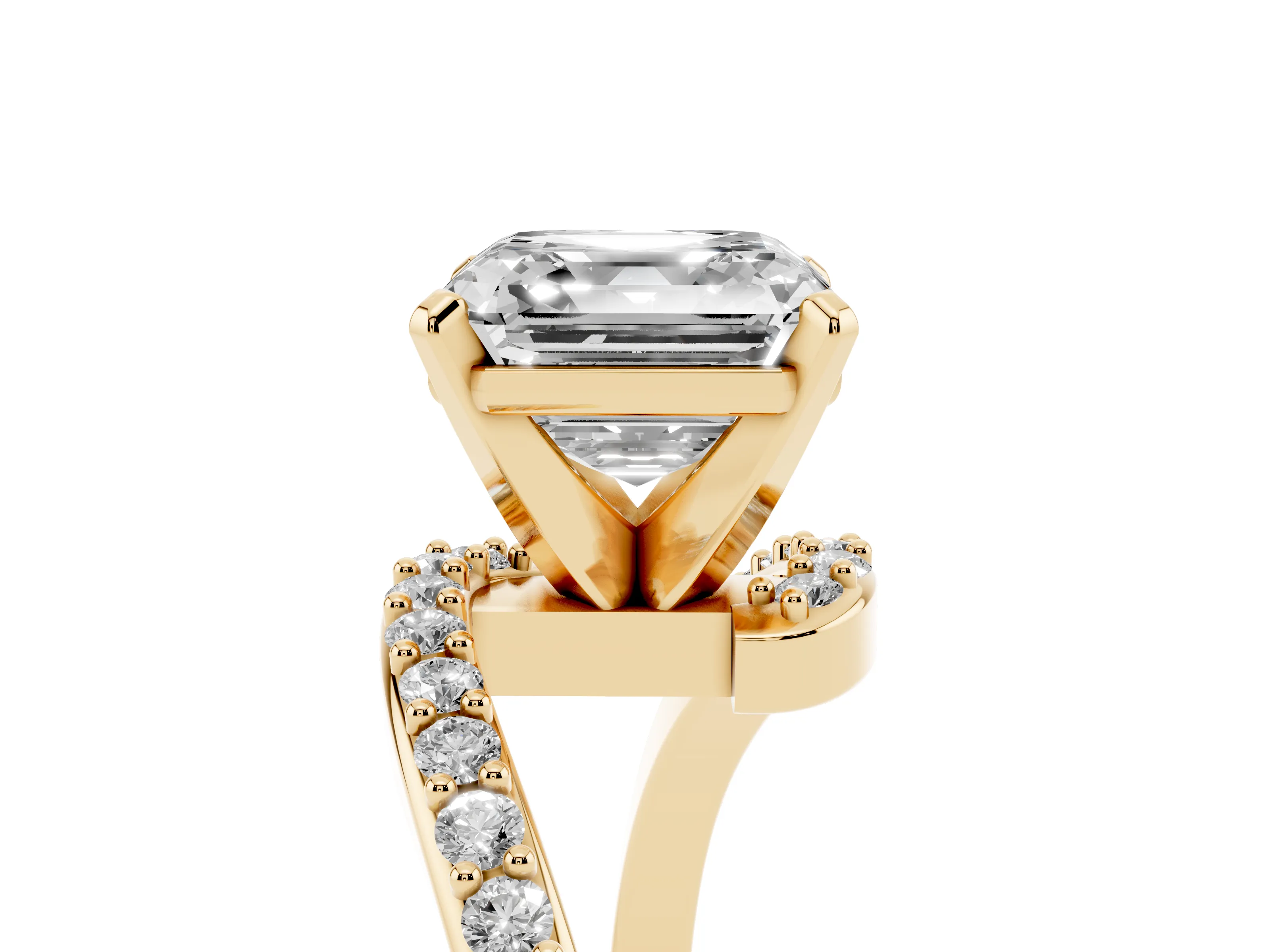 Asscher Cut Diamond Solitaire Ring Set in Yellow gold with Pavé Twist Band and Prong Setting