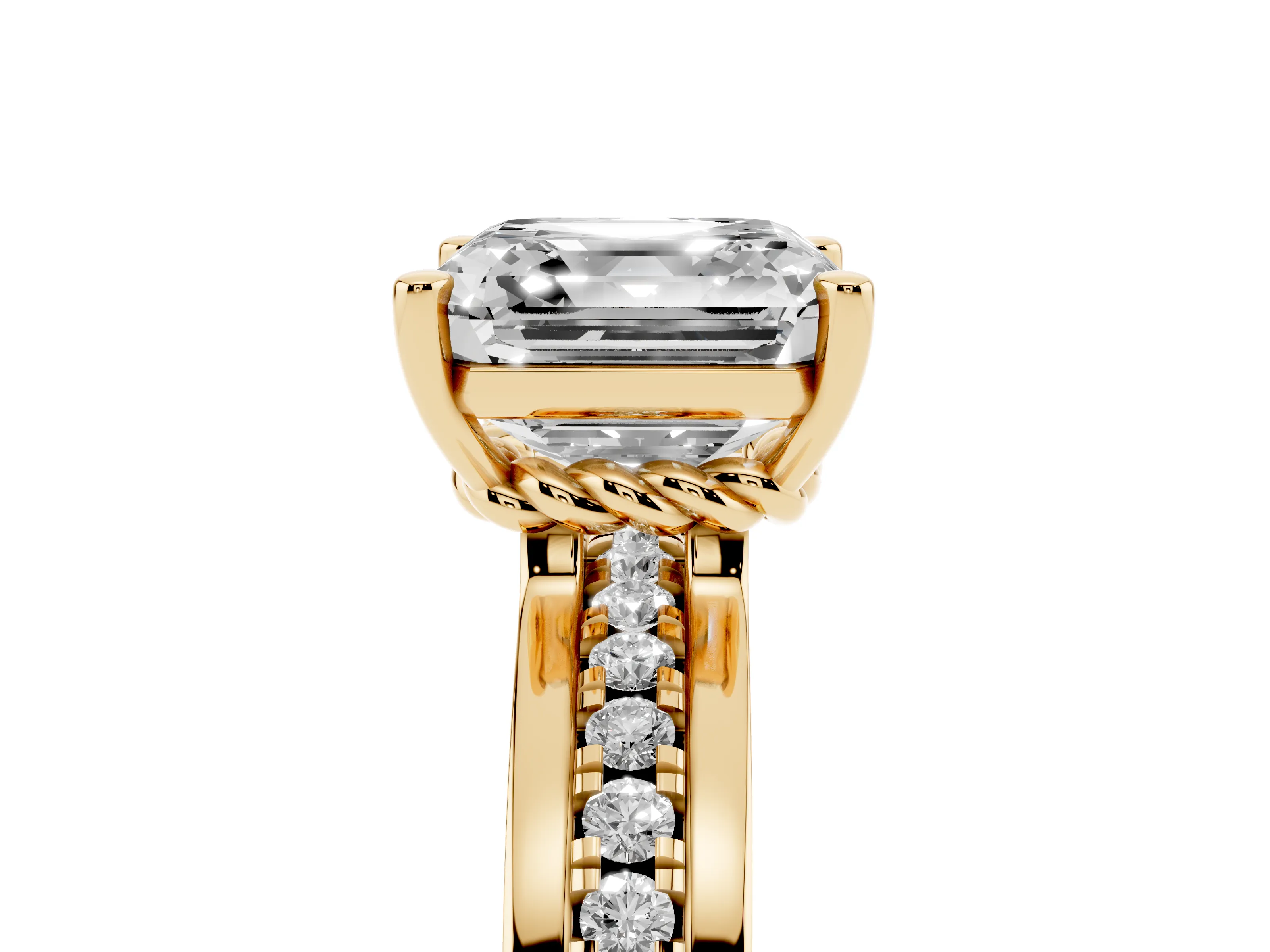 Asscher Cut Diamond Solitaire Ring Set in Yellow gold with Channel Set Band and Prong Setting