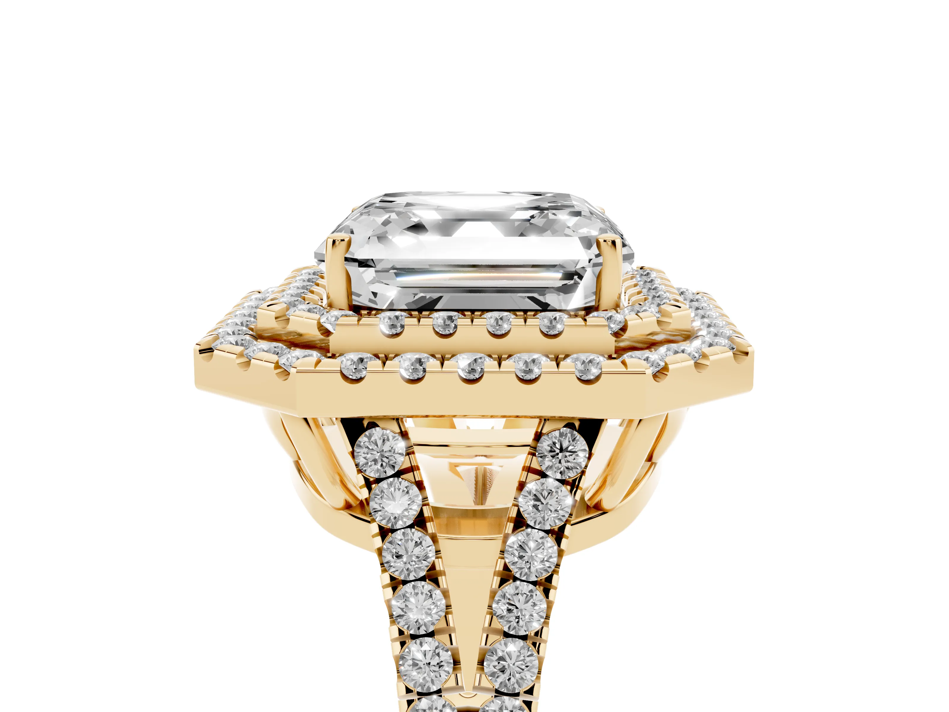 Asscher Cut Diamond Double Halo Ring Set in Yellow gold with Pavé Band