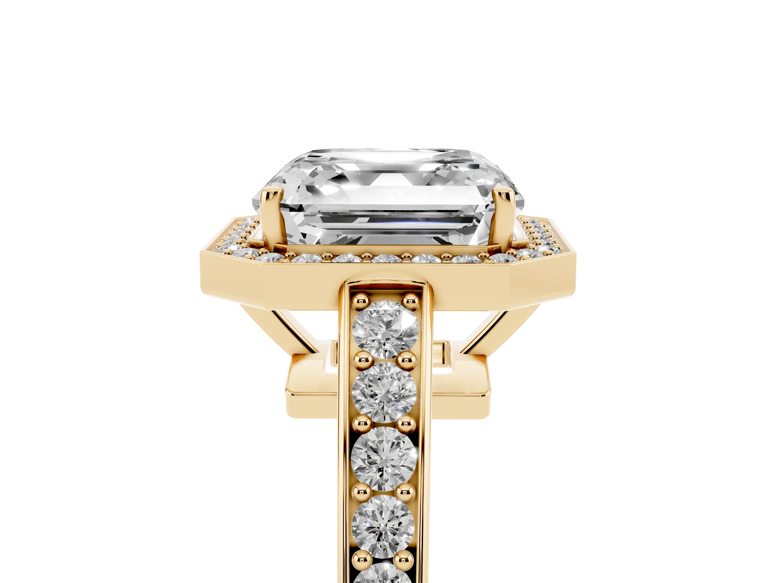 Asscher Cut Diamond Halo Pavé Engagement Ring Set in Yellow gold with Bezel Setting