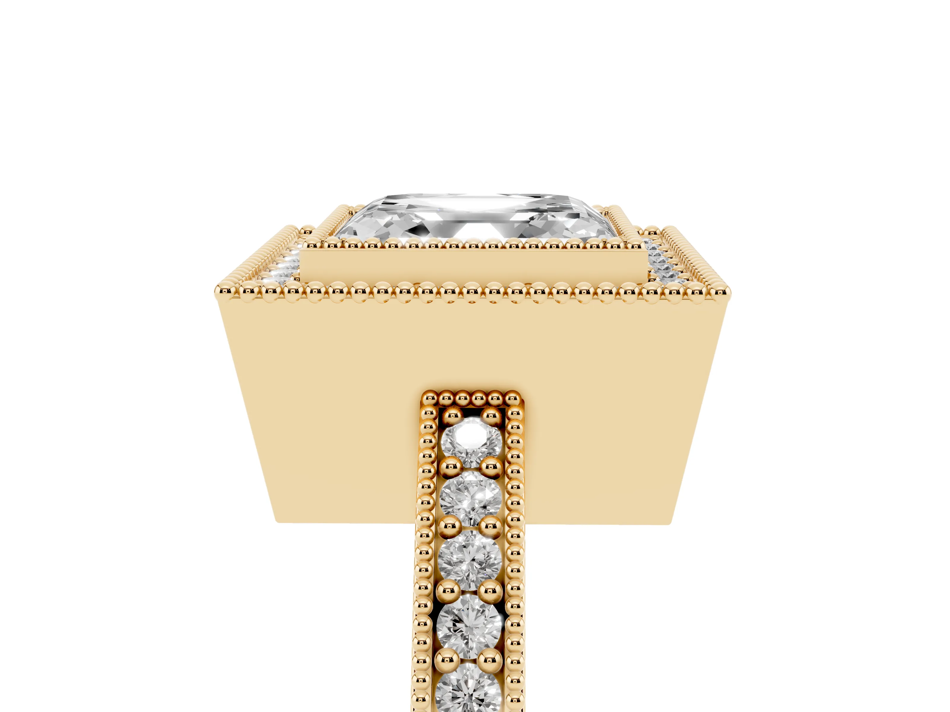 Asscher Cut Diamond Halo Engagement Ring Set in Yellow gold with Pavé Band and Round Halo Stones
