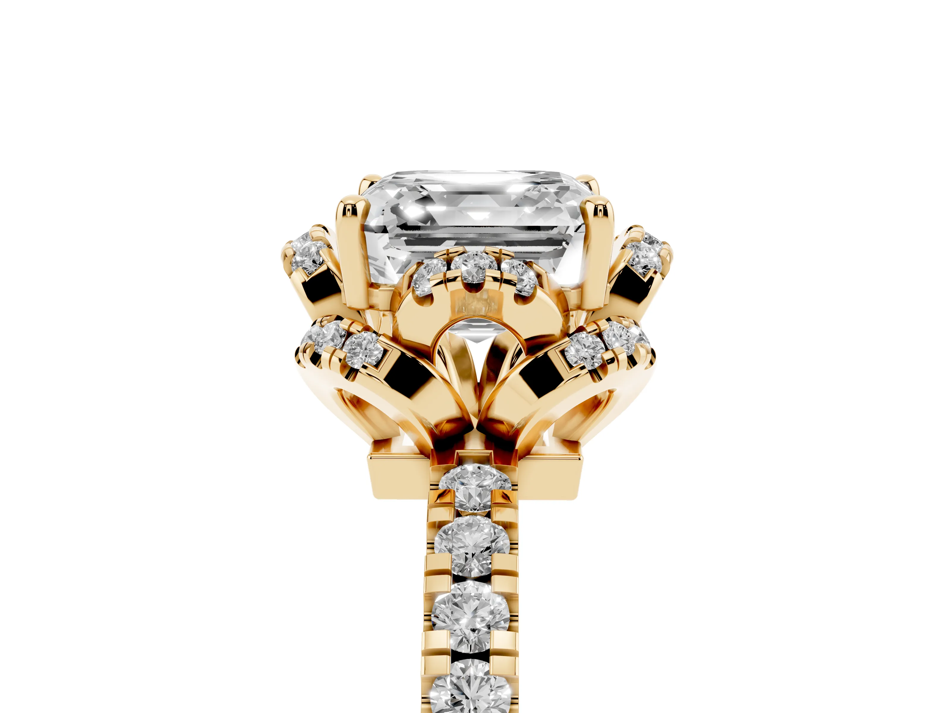Asscher Cut Diamond Halo Pavé Band Ring Set in Yellow gold with Prong-Held Center