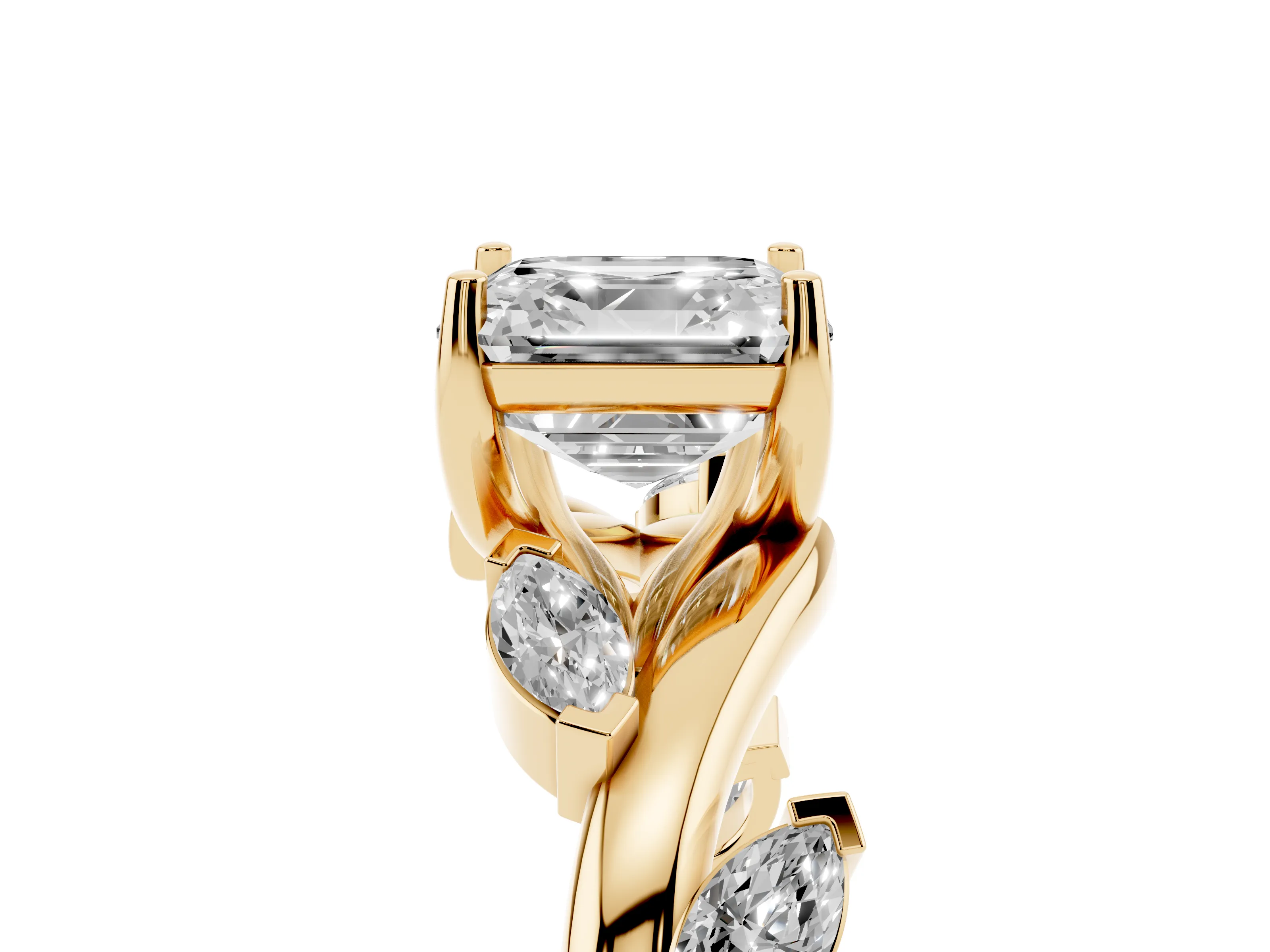 Asscher Cut Diamond Solitaire Ring Set in Yellow gold with Twisted Marquise Accent Band