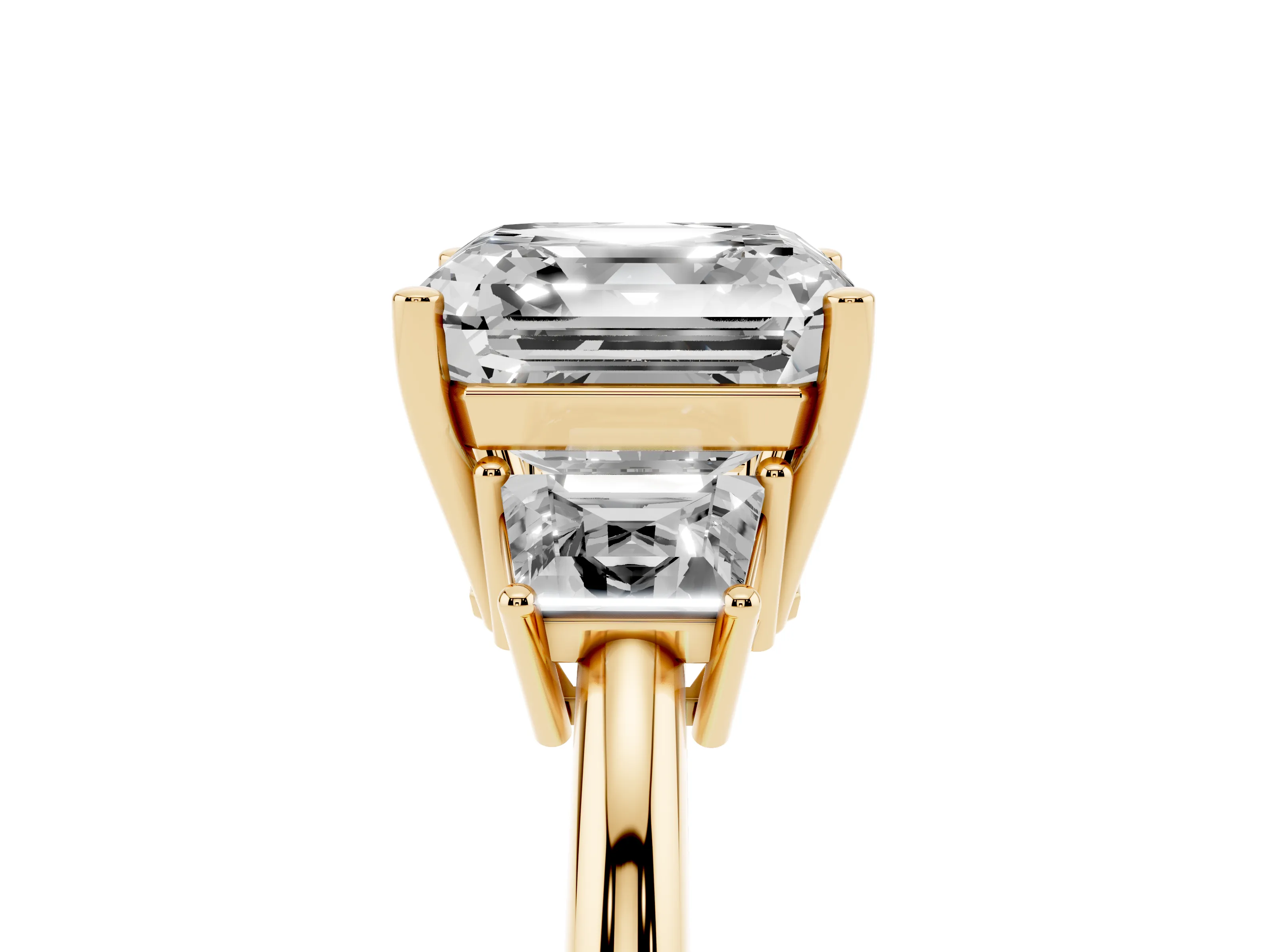 Asscher Cut Diamond Three-Stone Ring Set in Yellow gold with Trapezoid Side Stones and Prong Setting