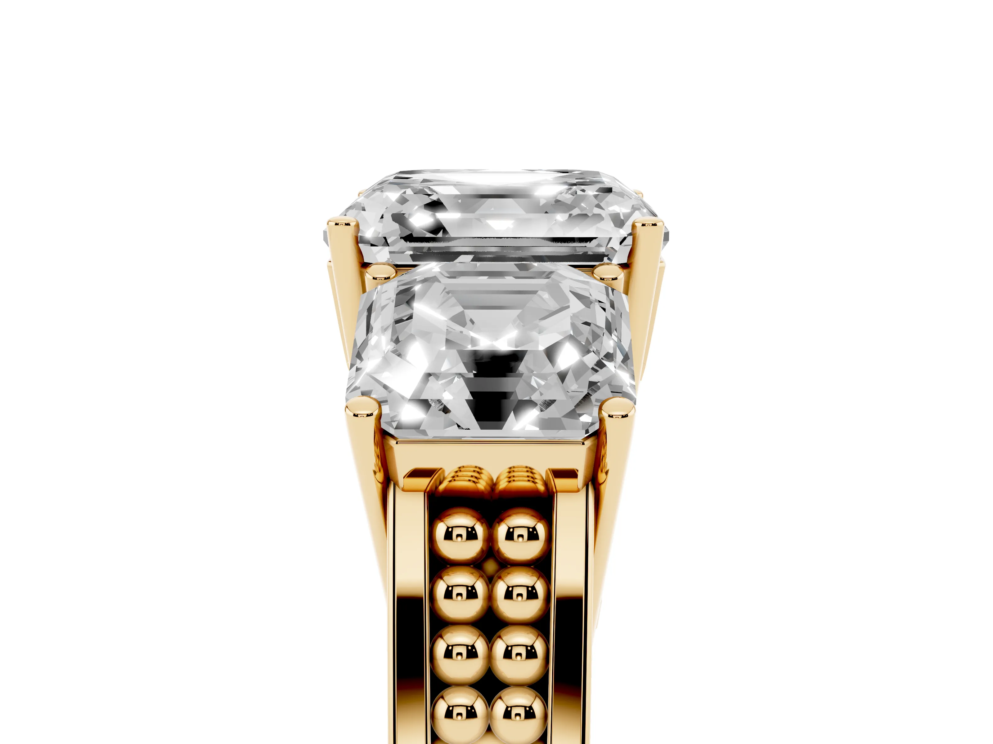 Asscher Cut Diamond Three-Stone Ring Set in Yellow gold with Textured Band