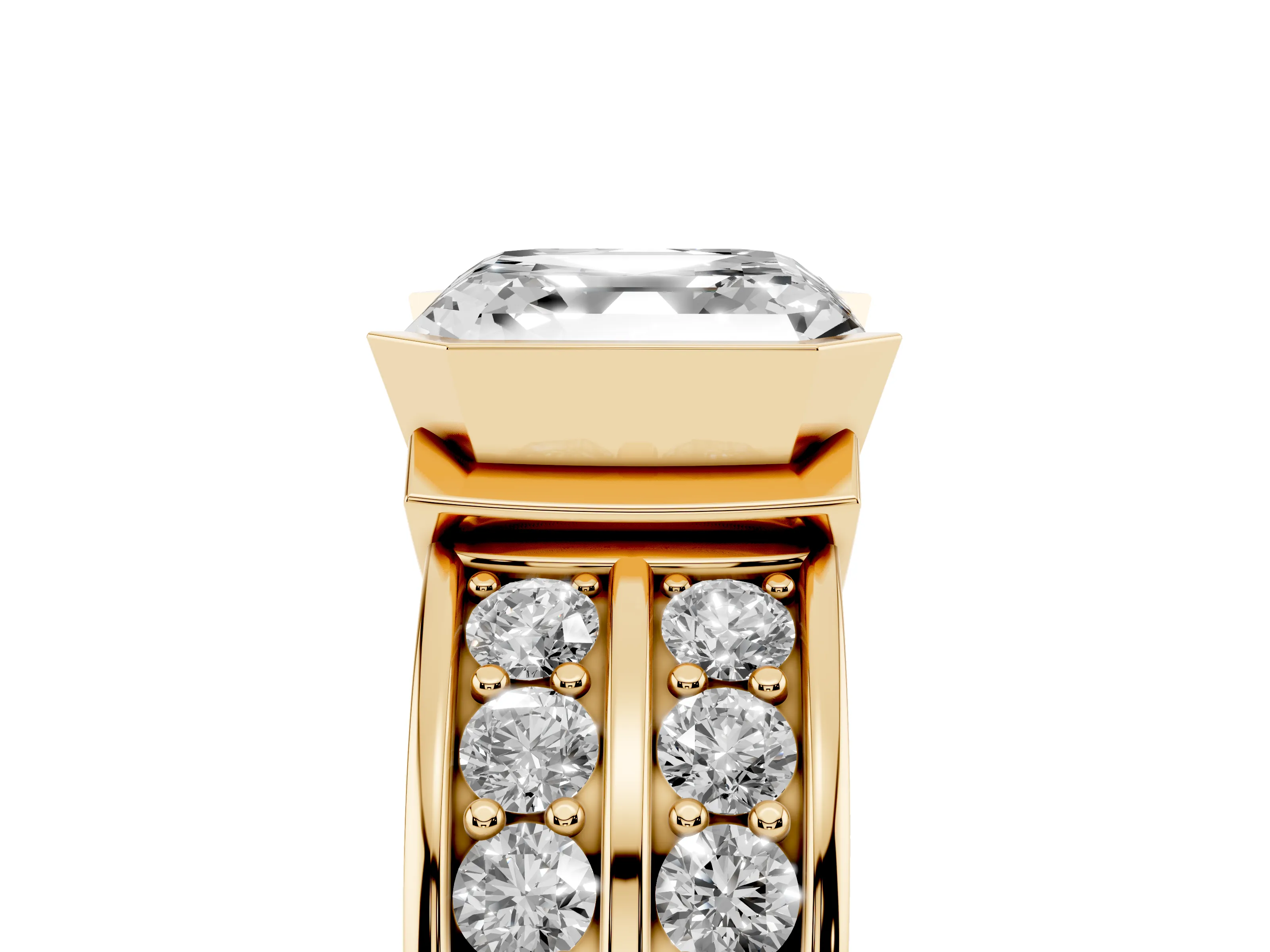 Asscher Cut Diamond Wide Channel Set Band Ring Set in Yellow gold with Bezel Setting