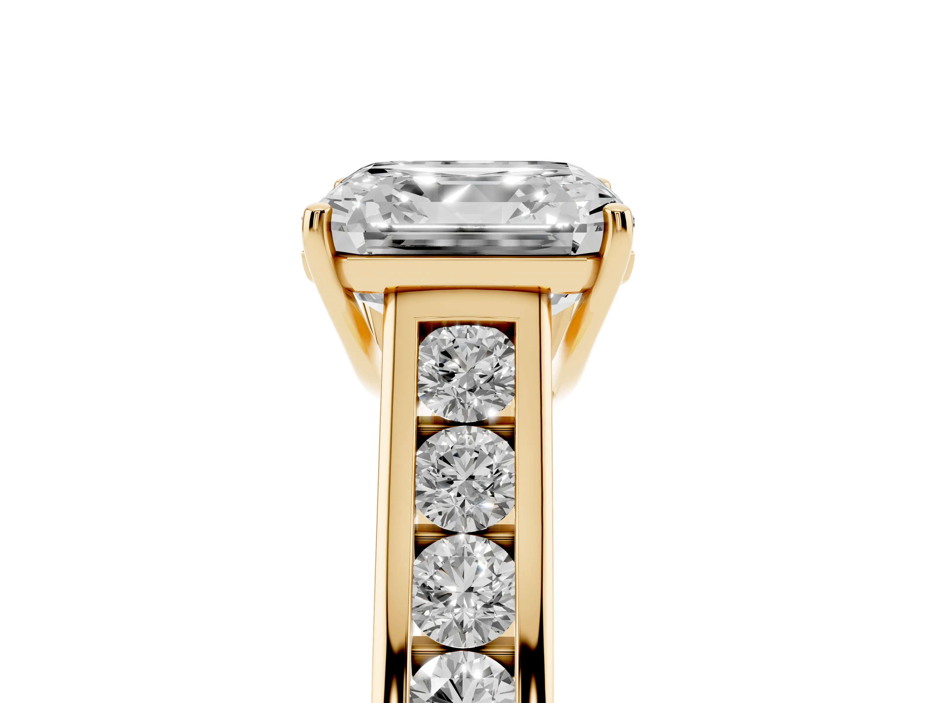 Asscher Cut Diamond Brilliant Channel-Set Solitaire Ring Set in Yellow gold with Prong Setting