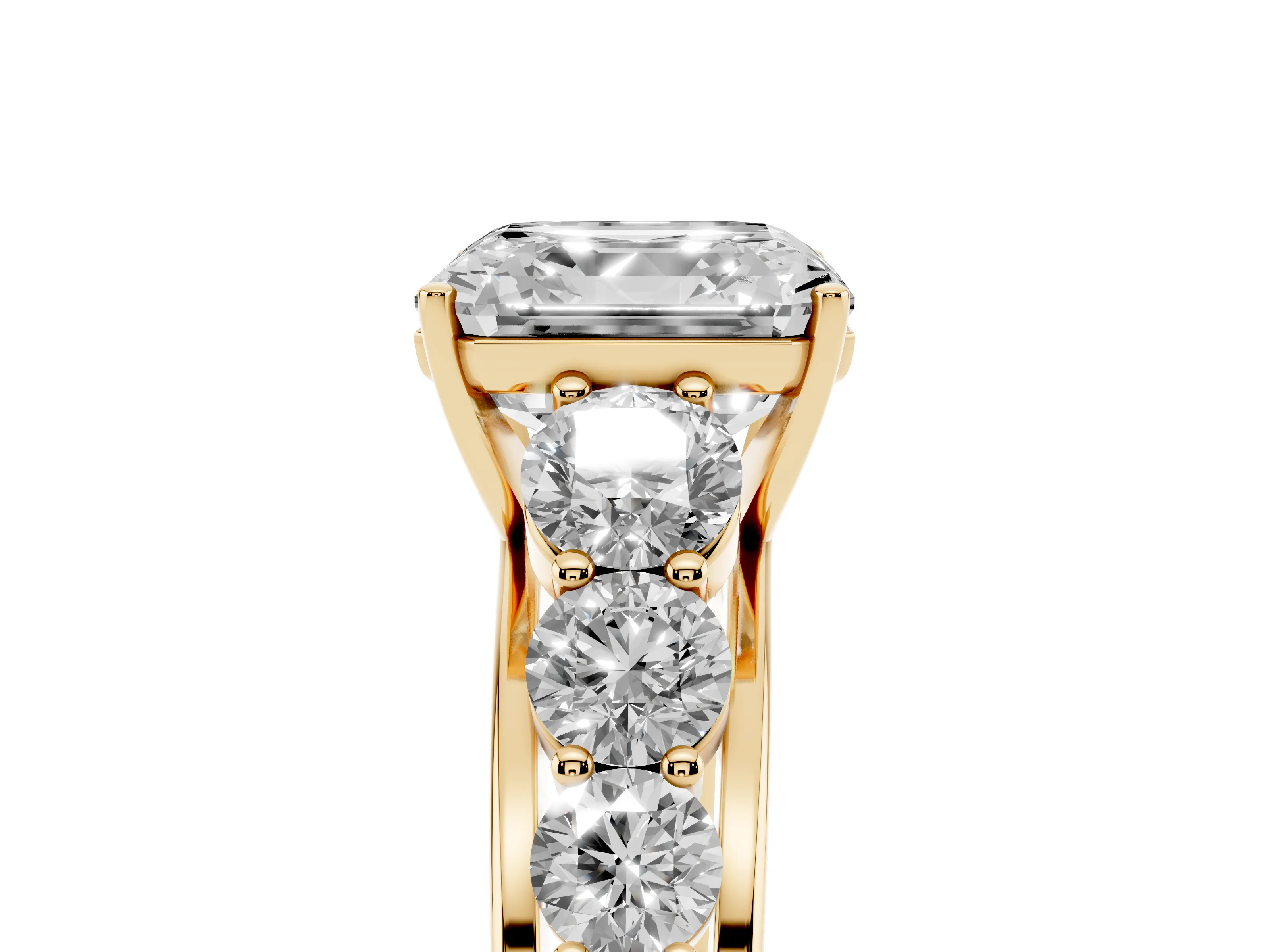 Asscher Cut Diamond Solitaire Ring Set in Yellow gold with Pavé-Set Band and Prong Setting