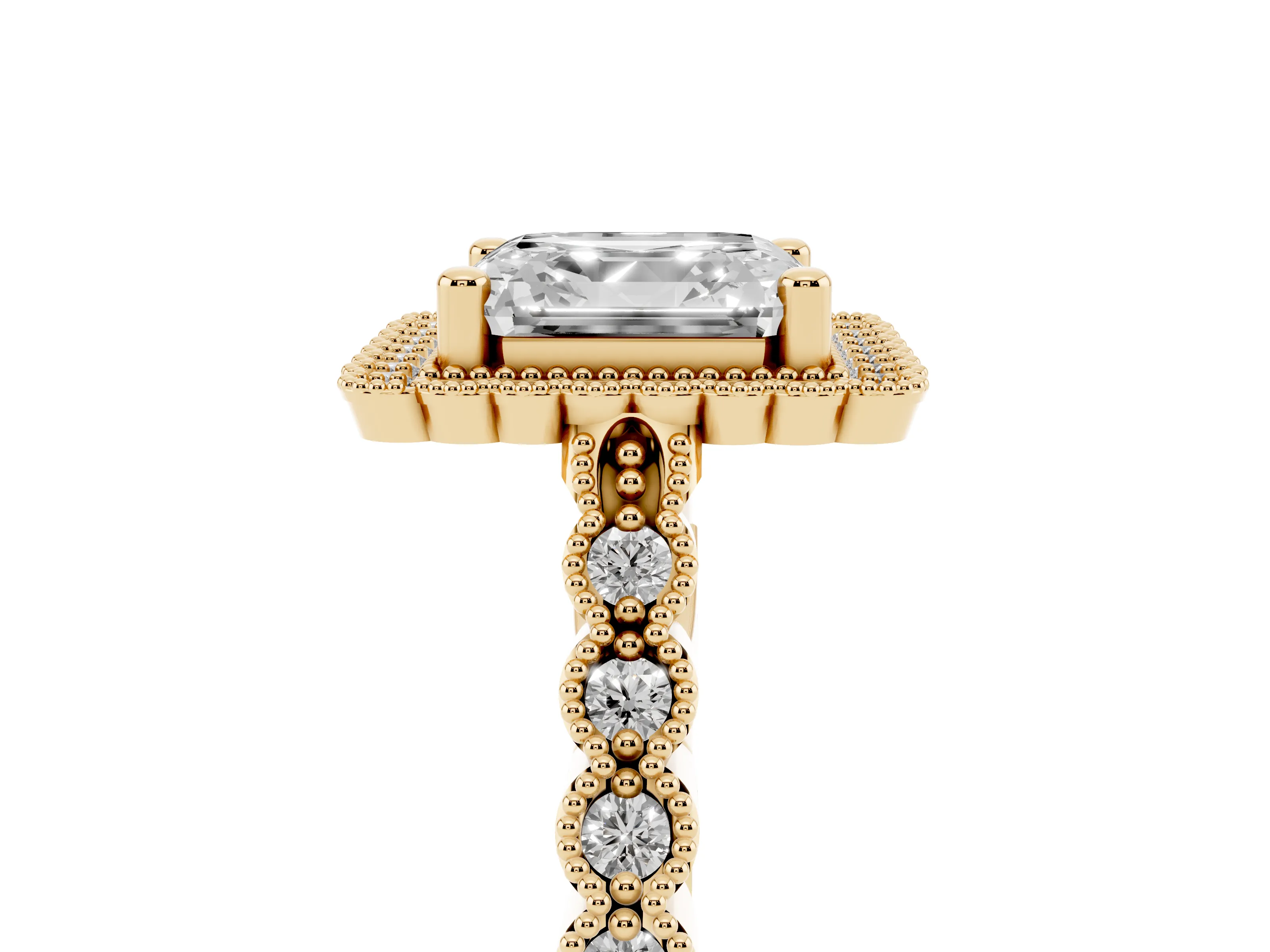 Asscher Cut Diamond Halo Ring Set in Yellow gold with Pavé Milgrain Band
