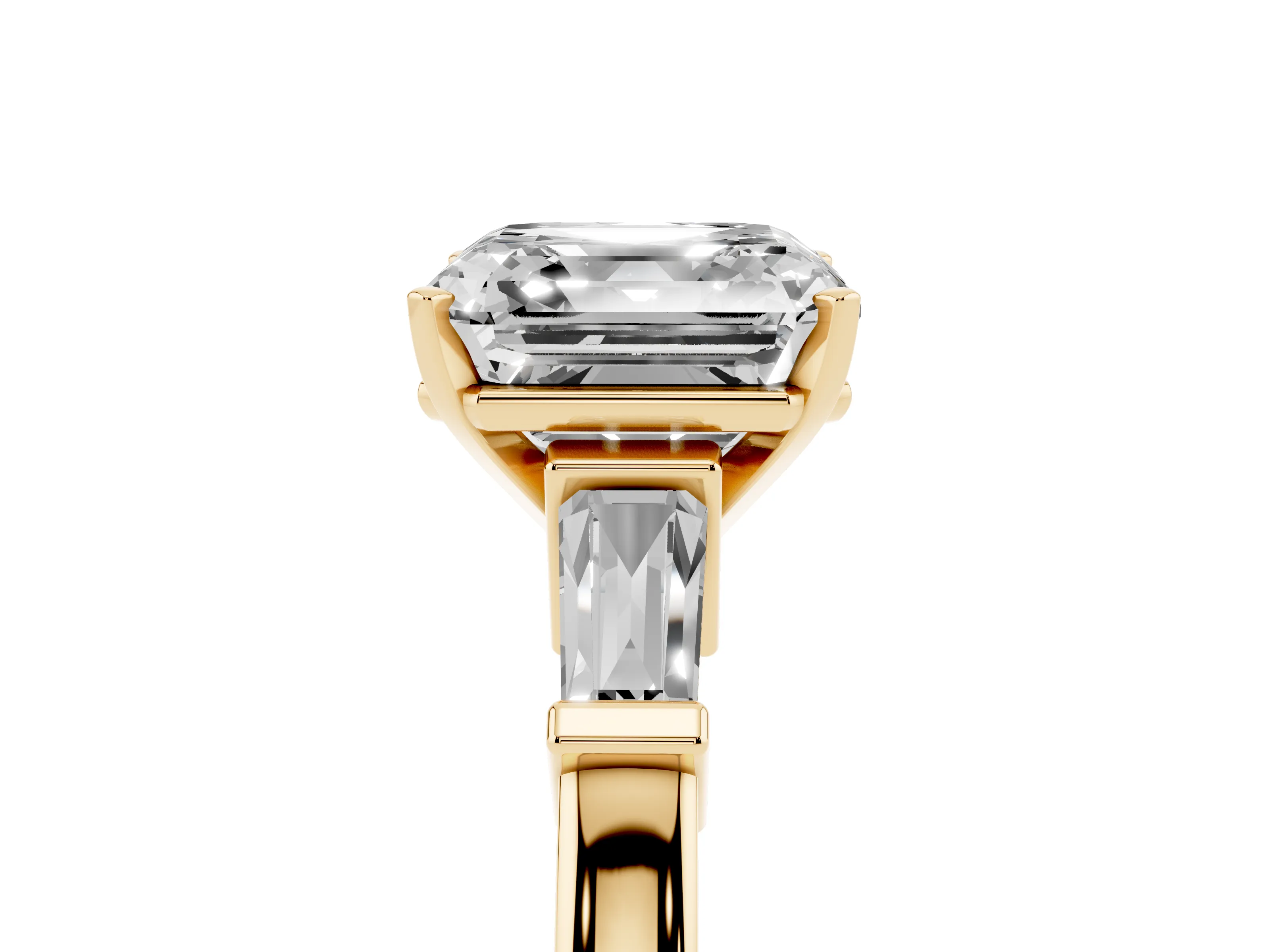 Asscher Cut Diamond Solitaire Ring Set in Yellow gold with Tapered Baguette Accents and Prong Setting