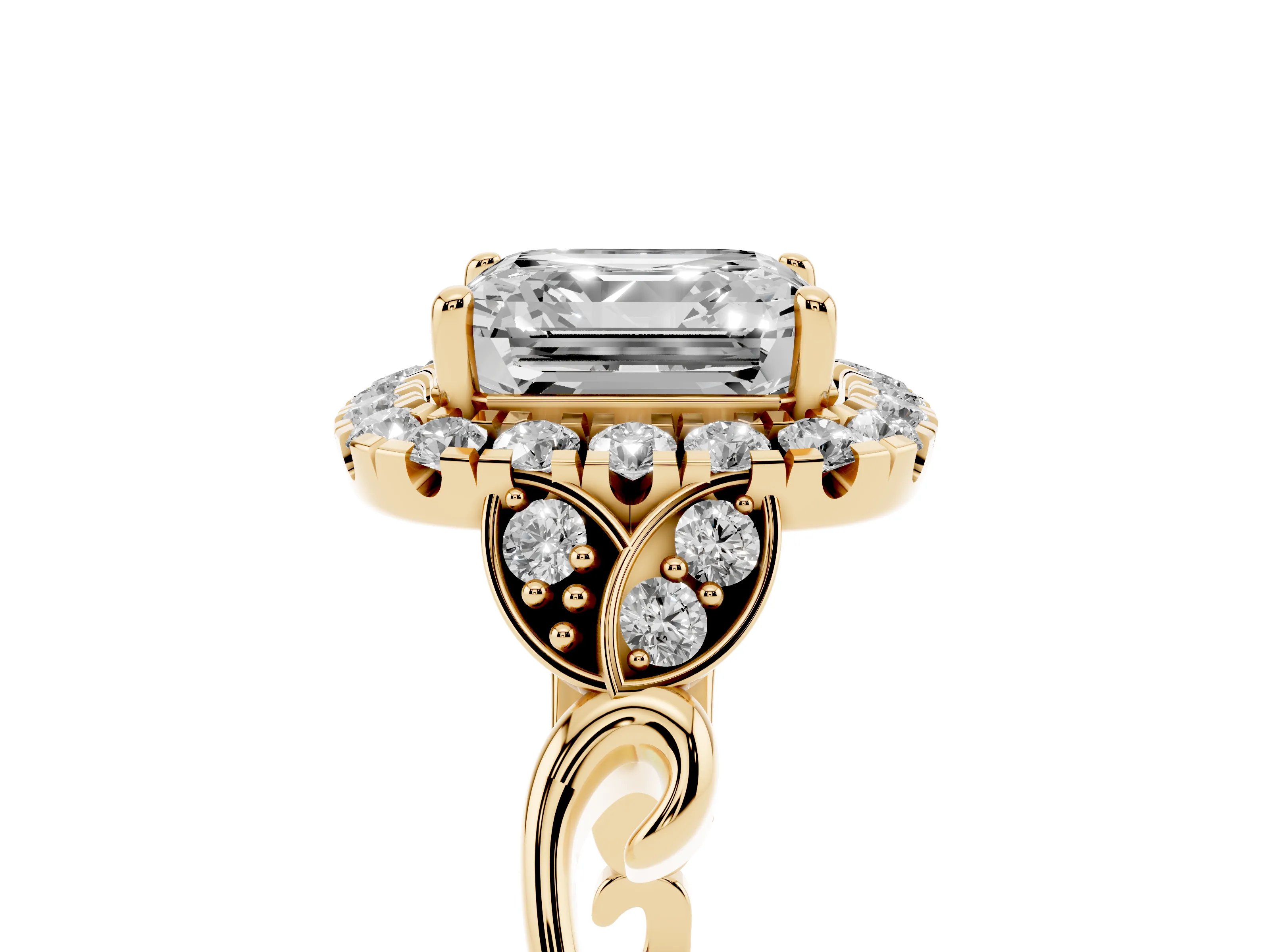 Asscher Cut Diamond Halo Engagement Ring Set in Yellow gold with Vintage-Inspired Band and Prong Setting