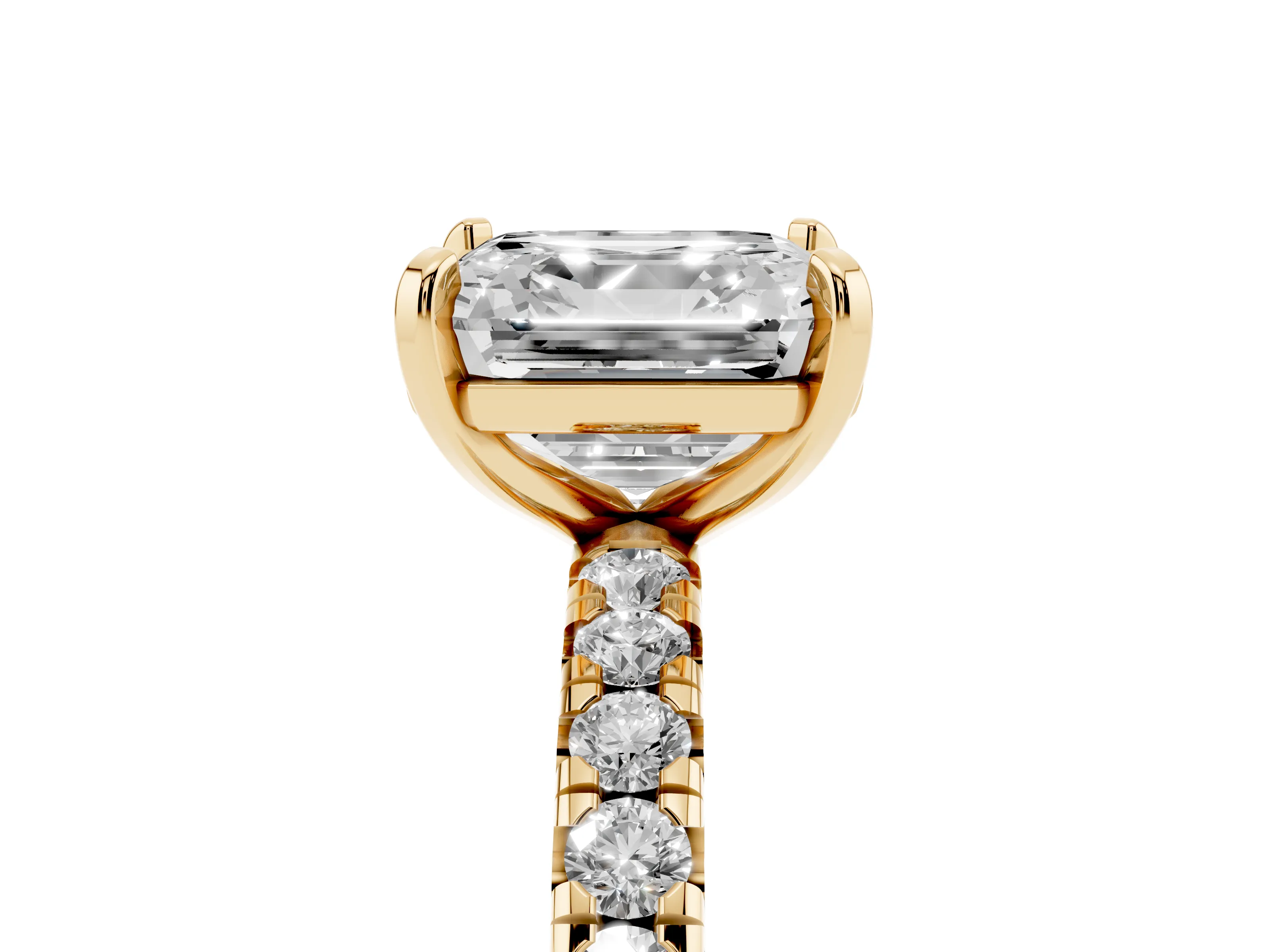 Asscher Cut Diamond Pavé Solitaire Ring Set in Yellow gold with Round Band and Prong Setting