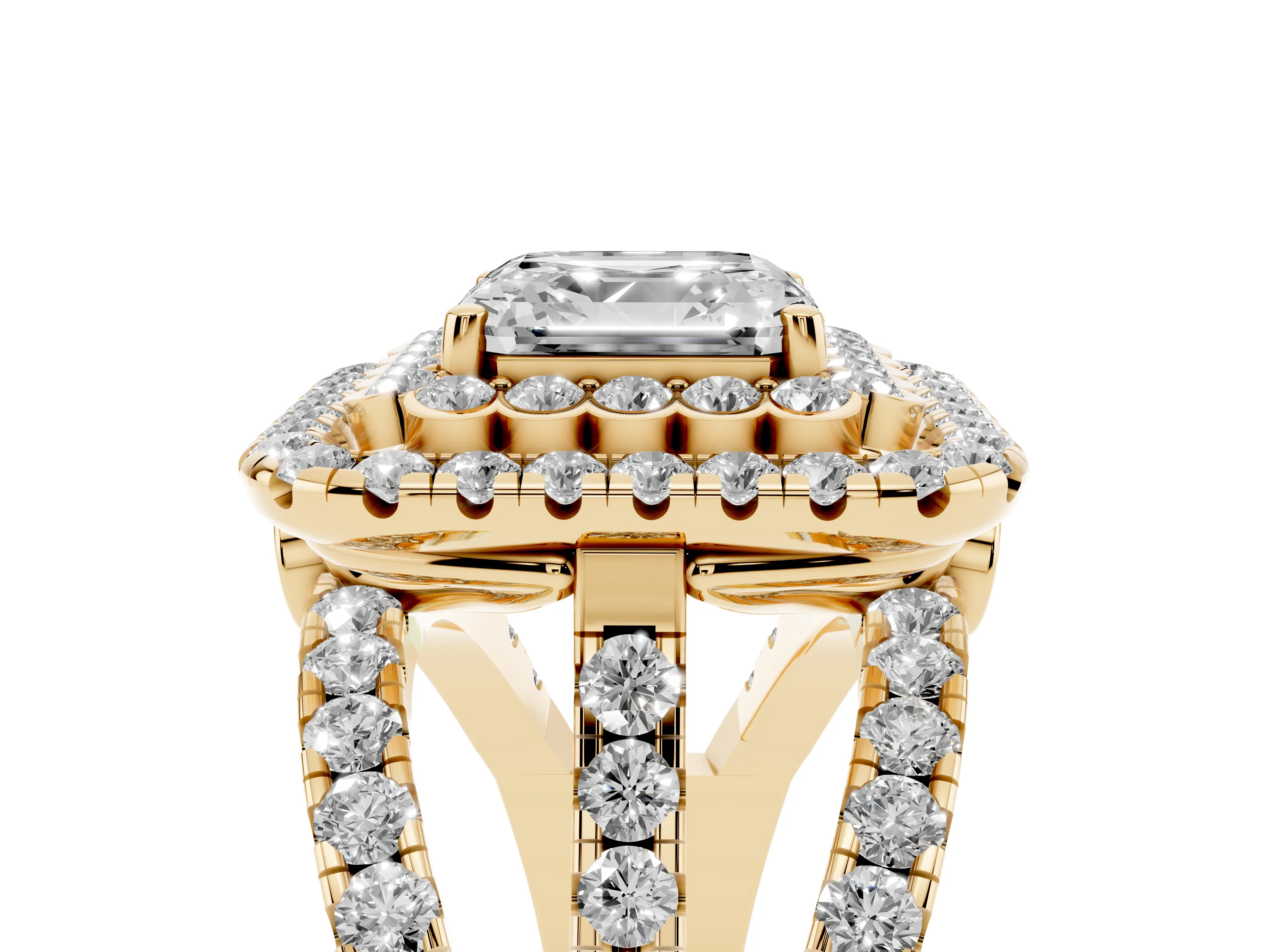 Asscher Cut Diamond Double Halo Ring Set in Yellow gold with Round Pavé Split Shank