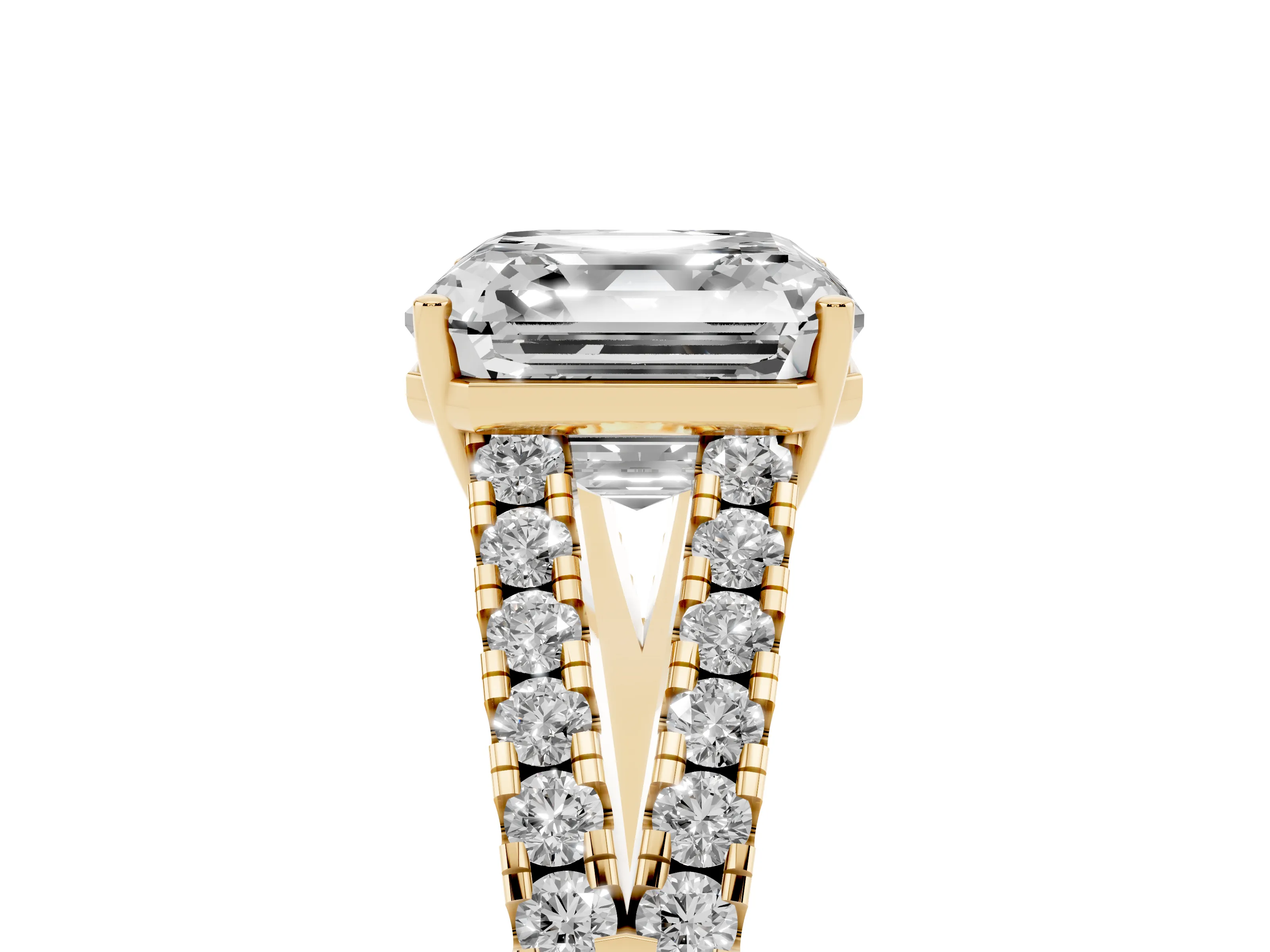 Asscher Cut Diamond Split Shank Pavé Engagement Ring Set in Yellow gold with Prong-Held Center Stone