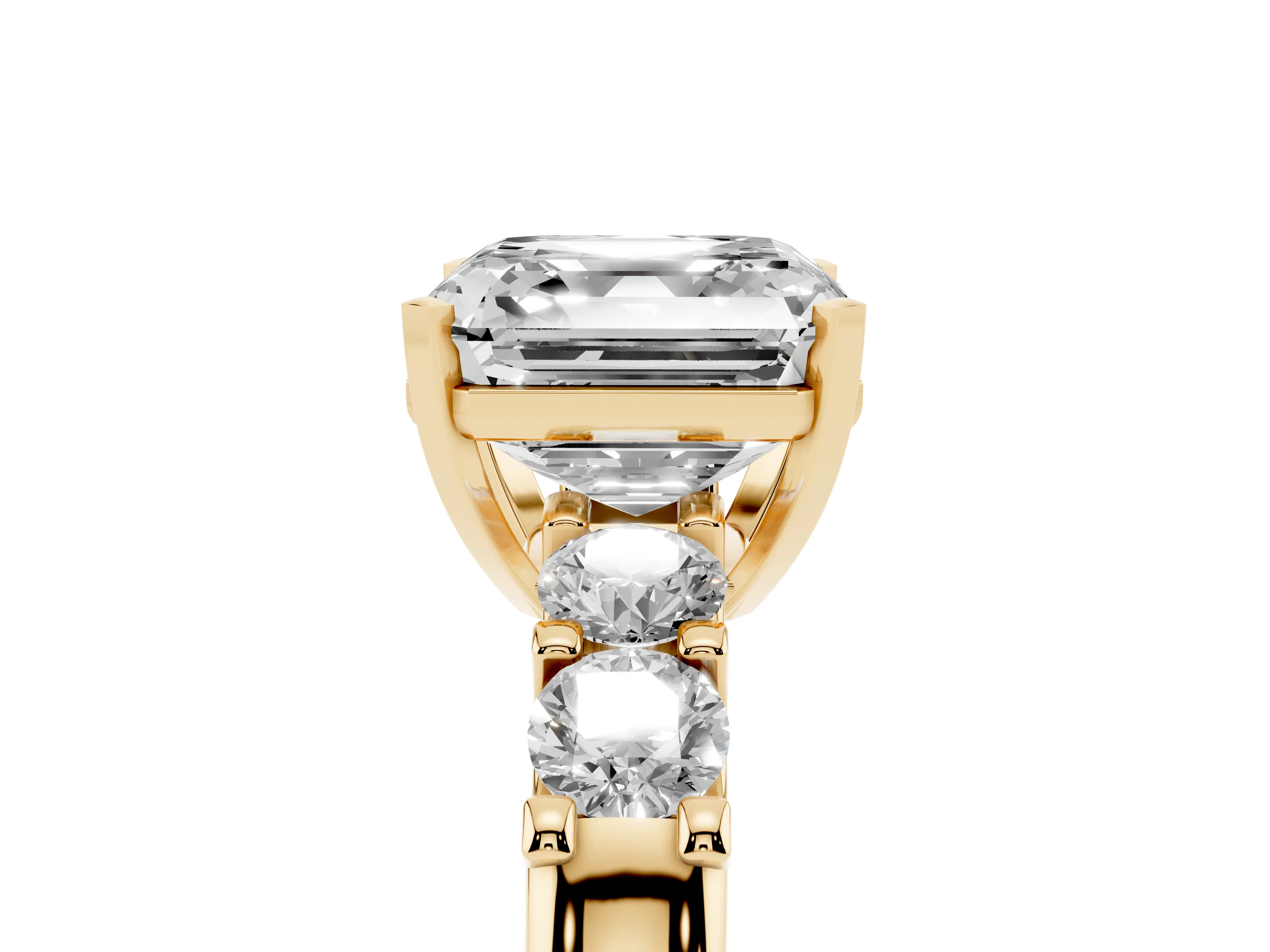 Asscher Cut Diamond Five-Stone Prong Set Engagement Ring Set in Yellow gold with Channel Band