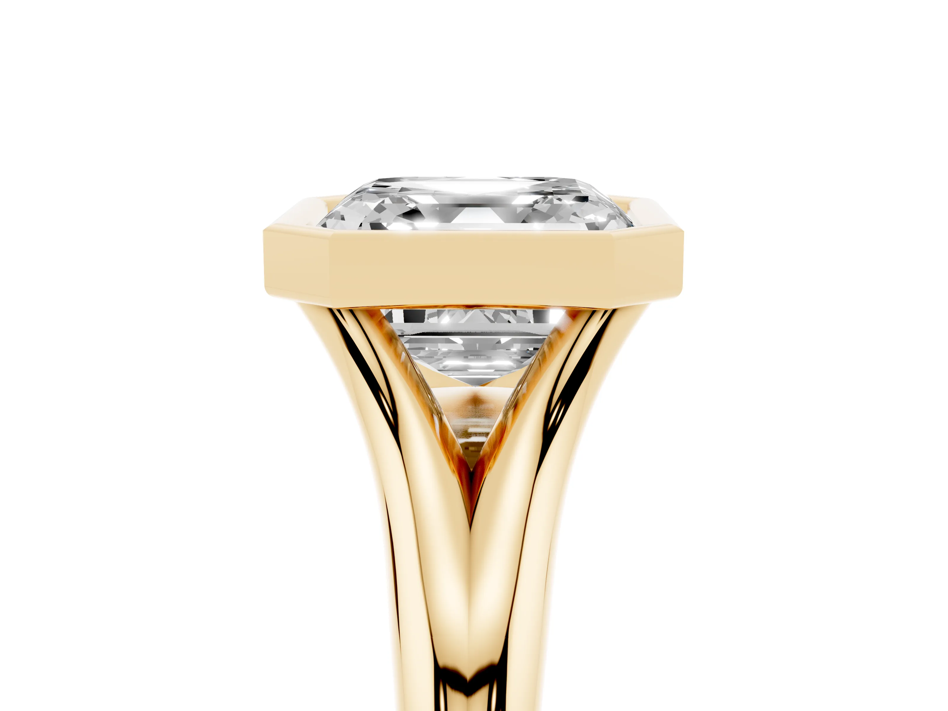 Bezel Set Asscher Cut Diamond Solitaire Ring Set in Yellow gold with Smooth Band