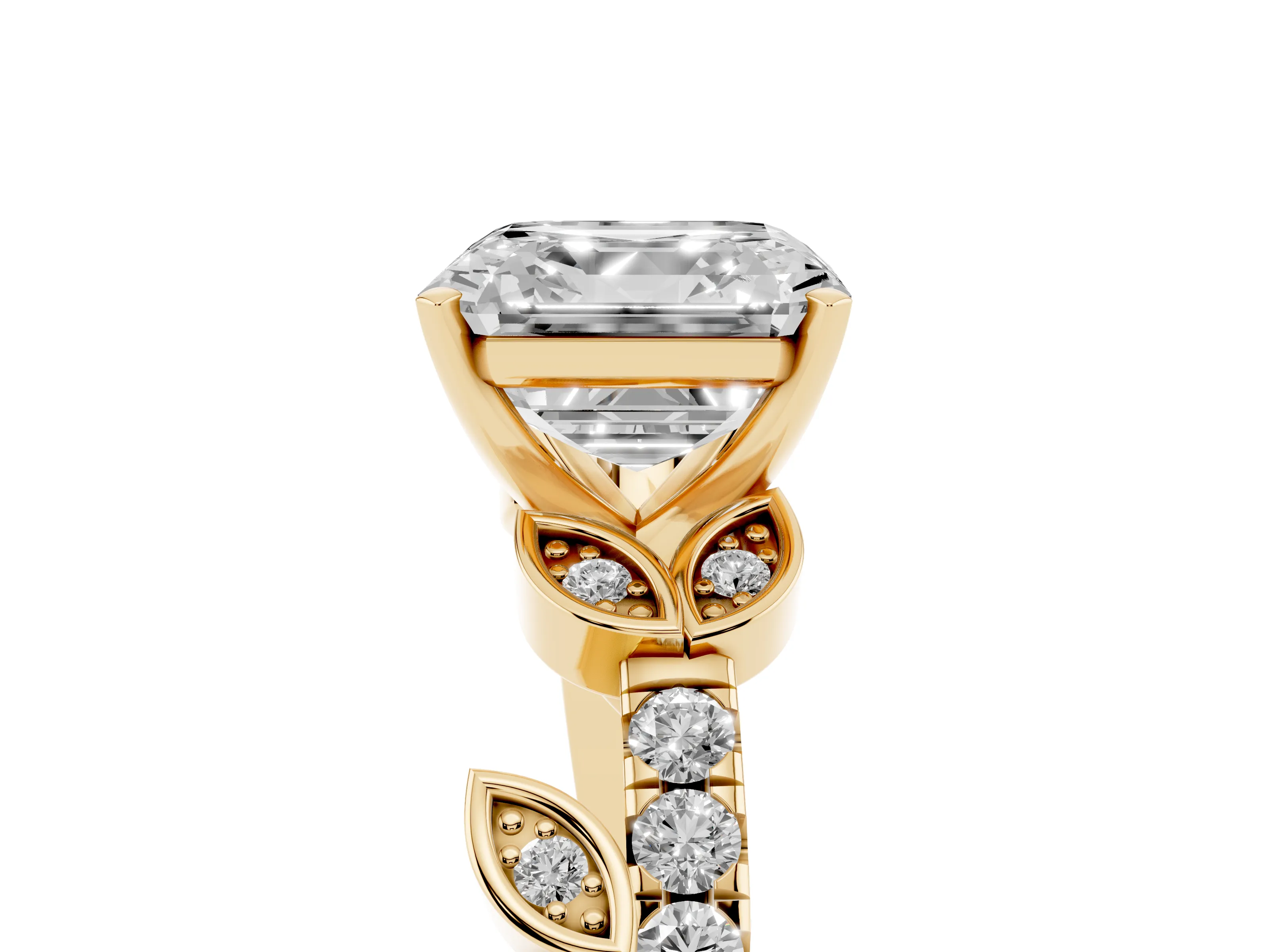 Asscher Cut Diamond Solitaire Leaf-Inspired Ring Set in Yellow gold with Pavé Band and Prong Setting