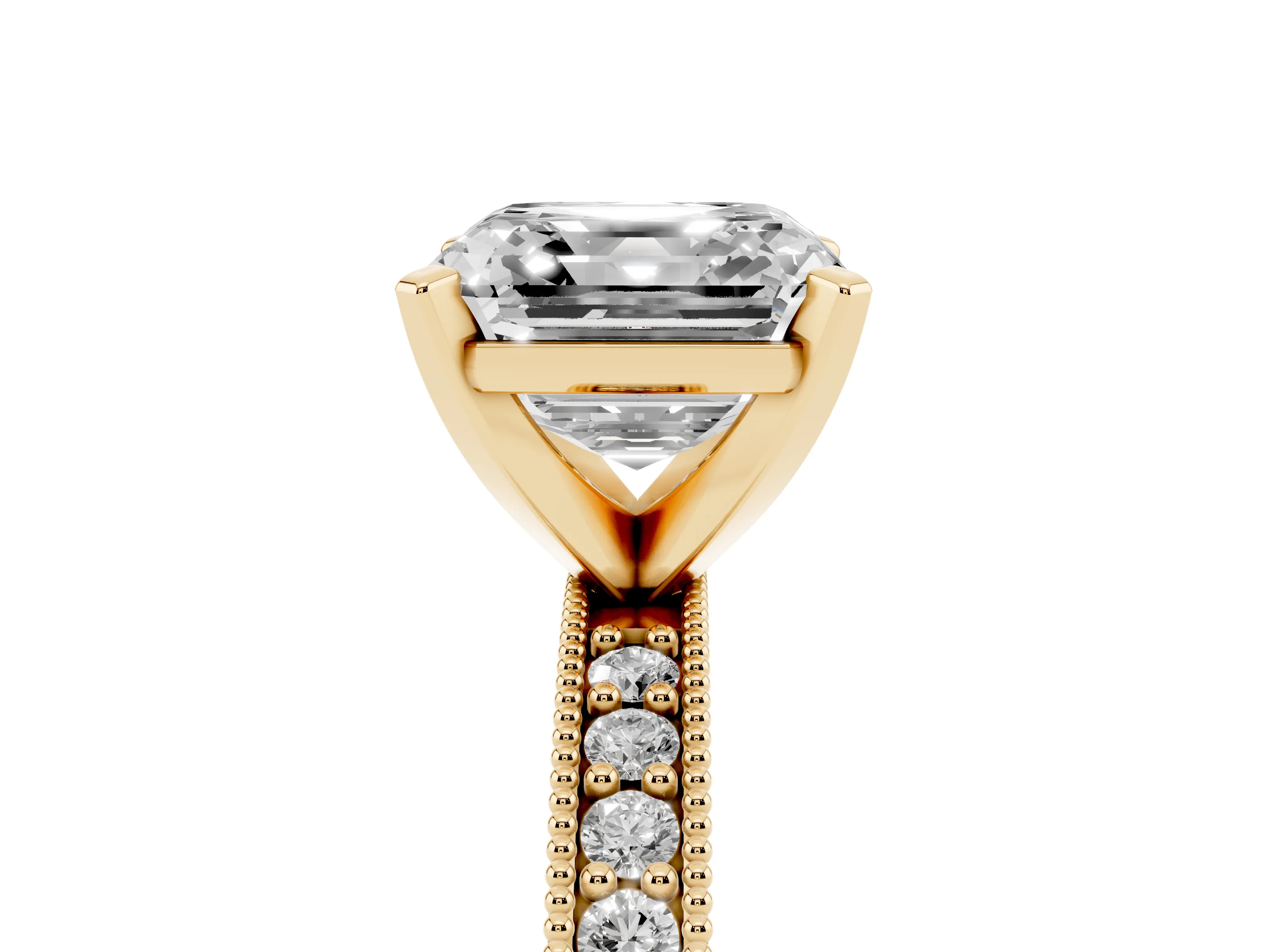 Asscher Cut Diamond Milgrain Pavé Engagement Ring Set in Yellow gold with Prong Setting