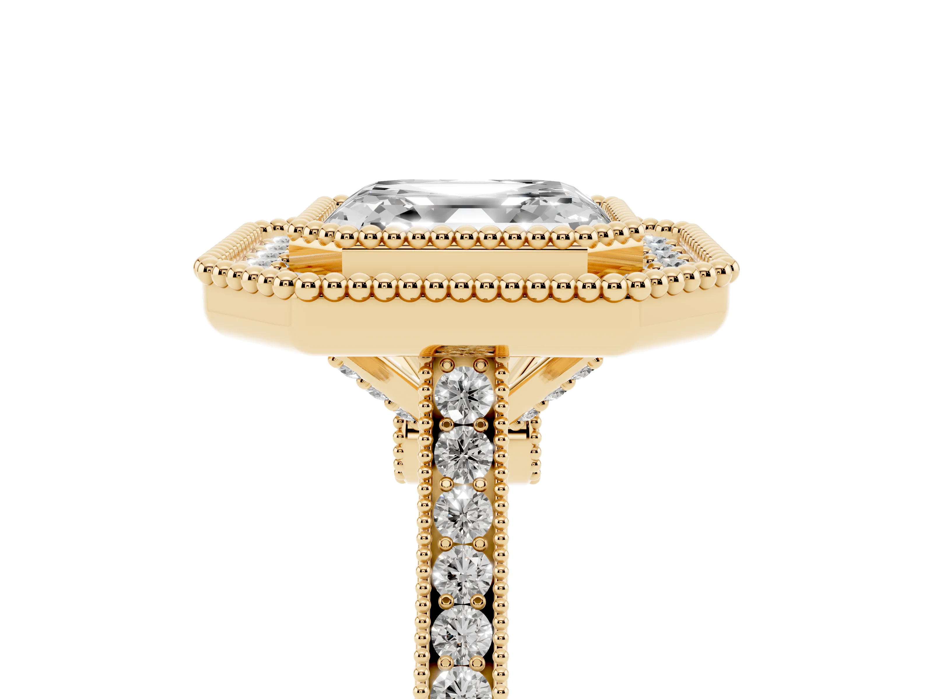 Asscher Cut Diamond Halo Ring Set in Yellow gold with Milgrain Frame and Pavé Band