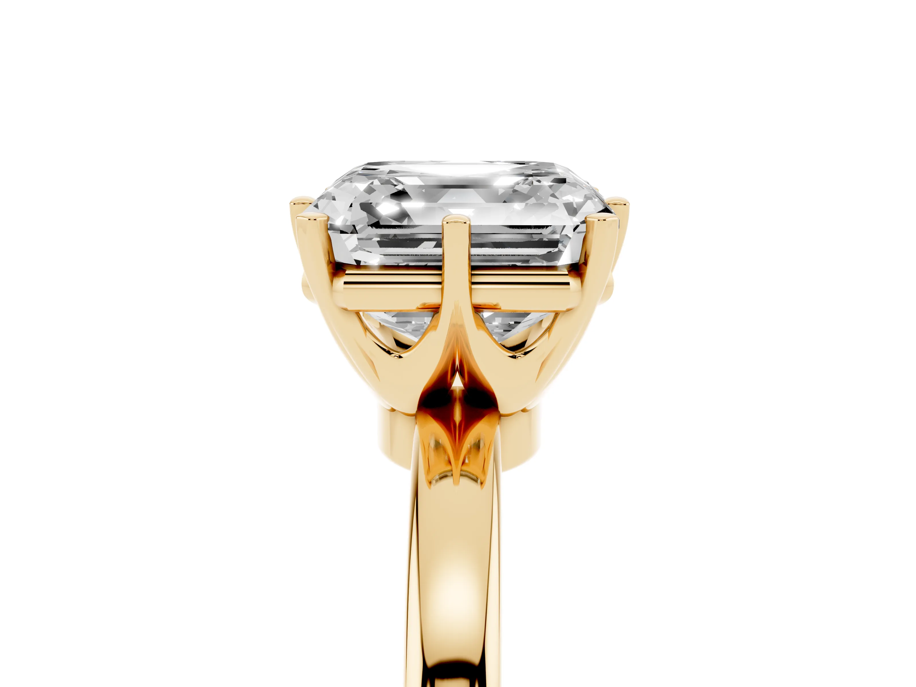 Asscher Cut Diamond Solitaire Ring Set in Yellow gold with Raised Prong Setting on a Classic Band