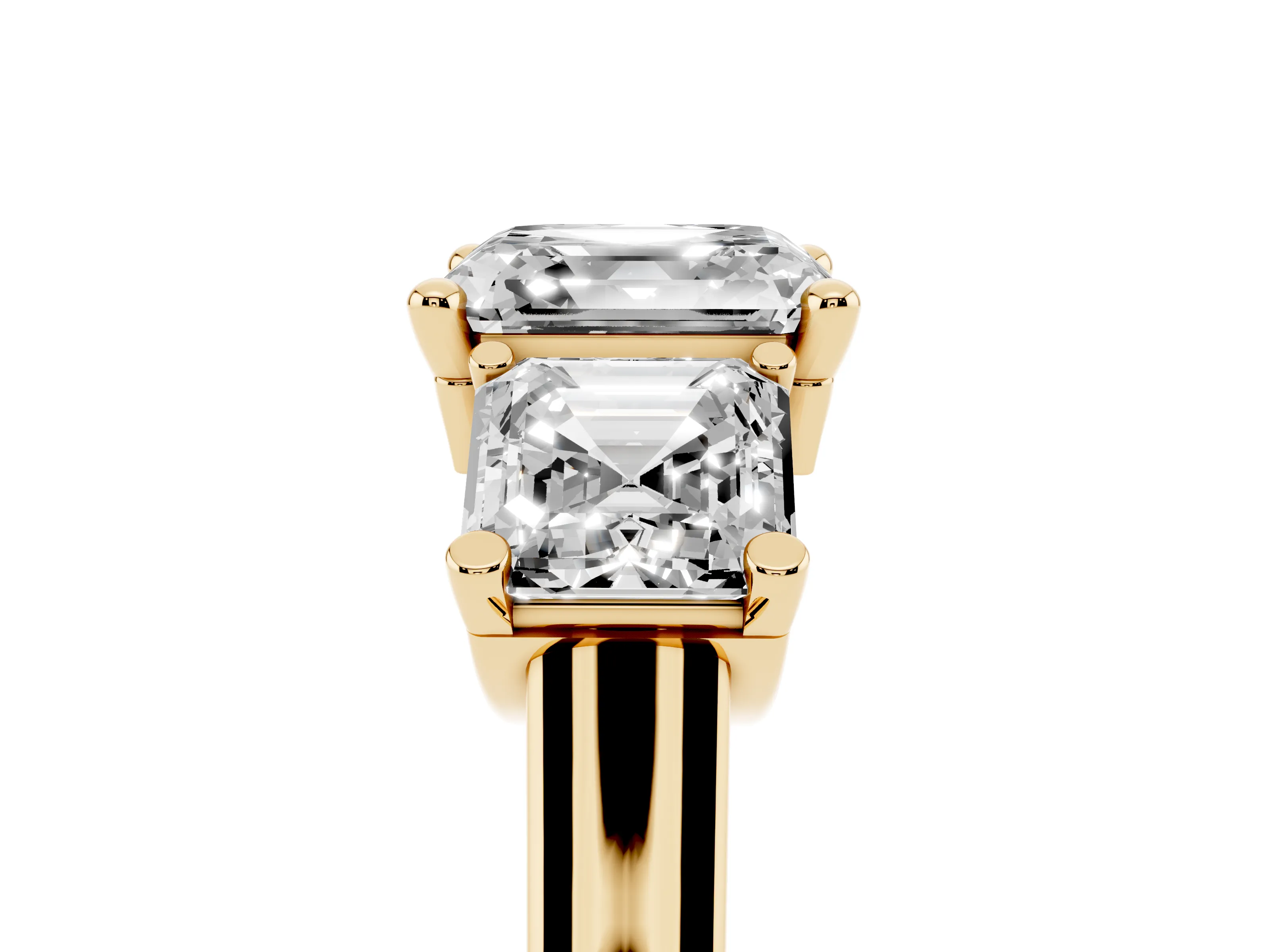 Asscher Cut Diamond Three-Stone Trellis Ring Set in Yellow gold with Comfort Fit Band